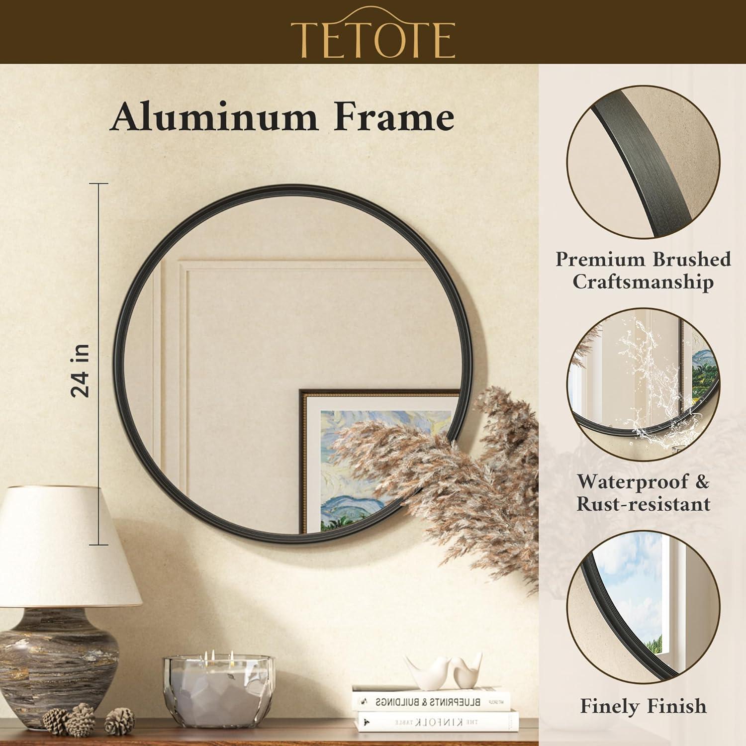 Tetote Black Round Mirror for Bathroom, 24 inch Modern Circle Mirrors, Wall Mounted Matte Metal Frame Entryway Decorative Farmhouse Vanity Mirror