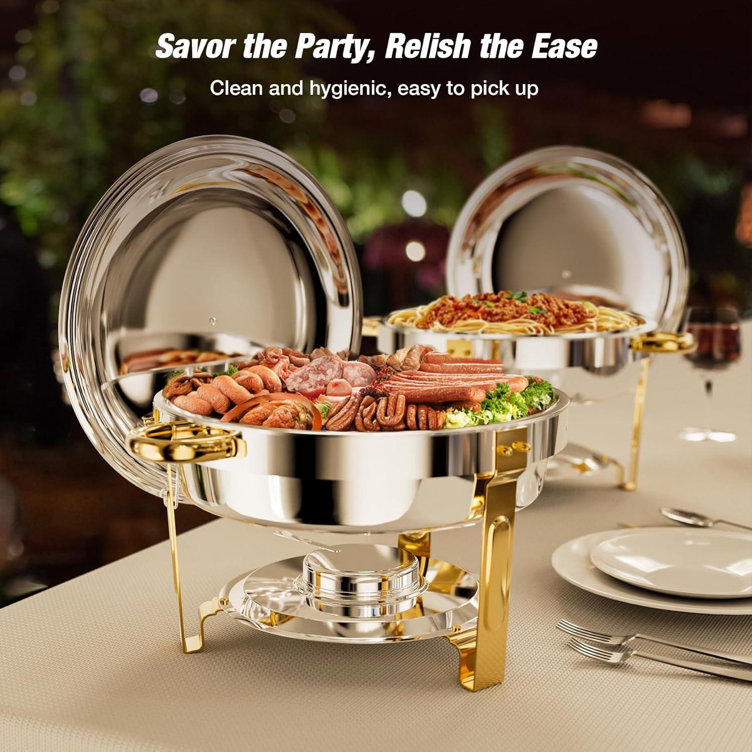WARMOUNTS Chafing Dish Buffet Set, 5QT 4 Pack Gold Accent Stainless Steel Chafers and Buffet Warmers Sets with Glass Lid & Lid Holder for Parties Catering Events Weddings Banquets