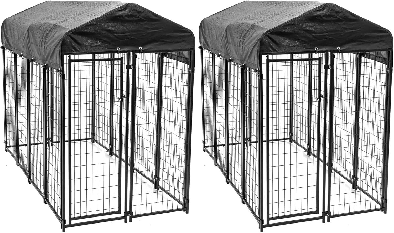 Lucky Dog 8ft x 4ft x 6ft Large Outdoor Dog Kennel Playpen Crate with Heavy Duty Welded Wire Frame and Waterproof Canopy Cover, Black (2 Pack)