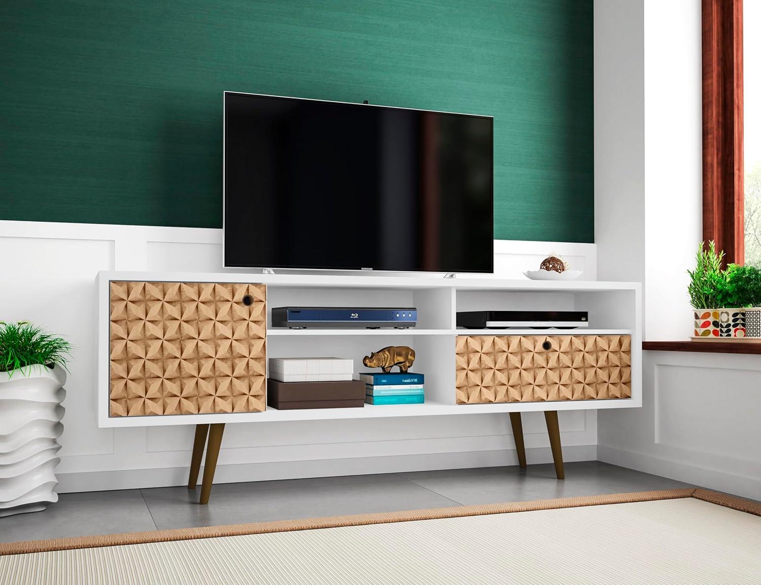 Manhattan Comfort 202AMC67 70.86 in. Liberty Mid-Century - Modern TV Stand with 4 Shelving Spaces & 1 Drawer, White & 3D Brown Prints