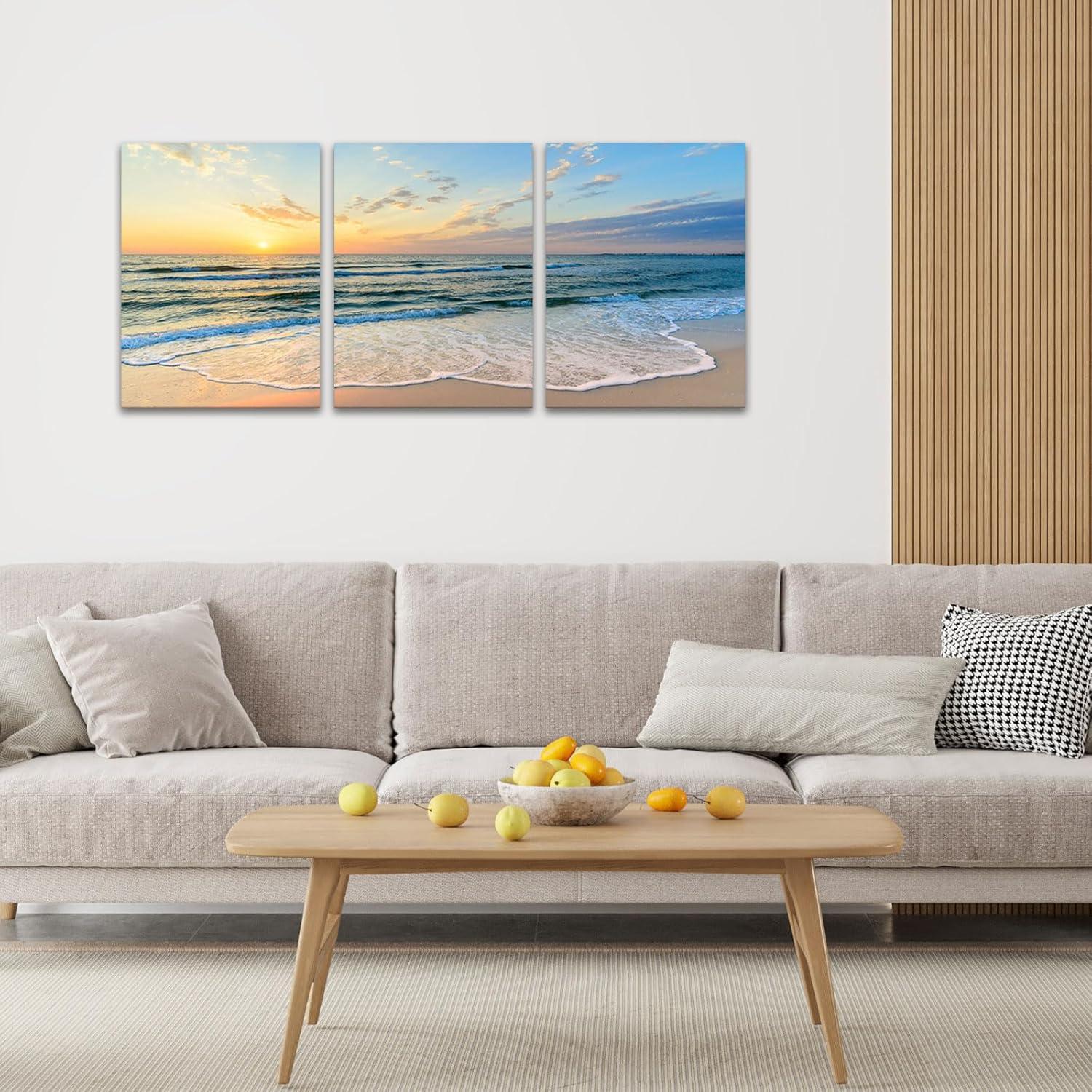 Asdg12s-3 Panel Wall Art Blue Sea Sunset White Beach Painting The Picture Print On Canvas Seascape The Pictures for Home Decor Decoration,Ready to Hang
