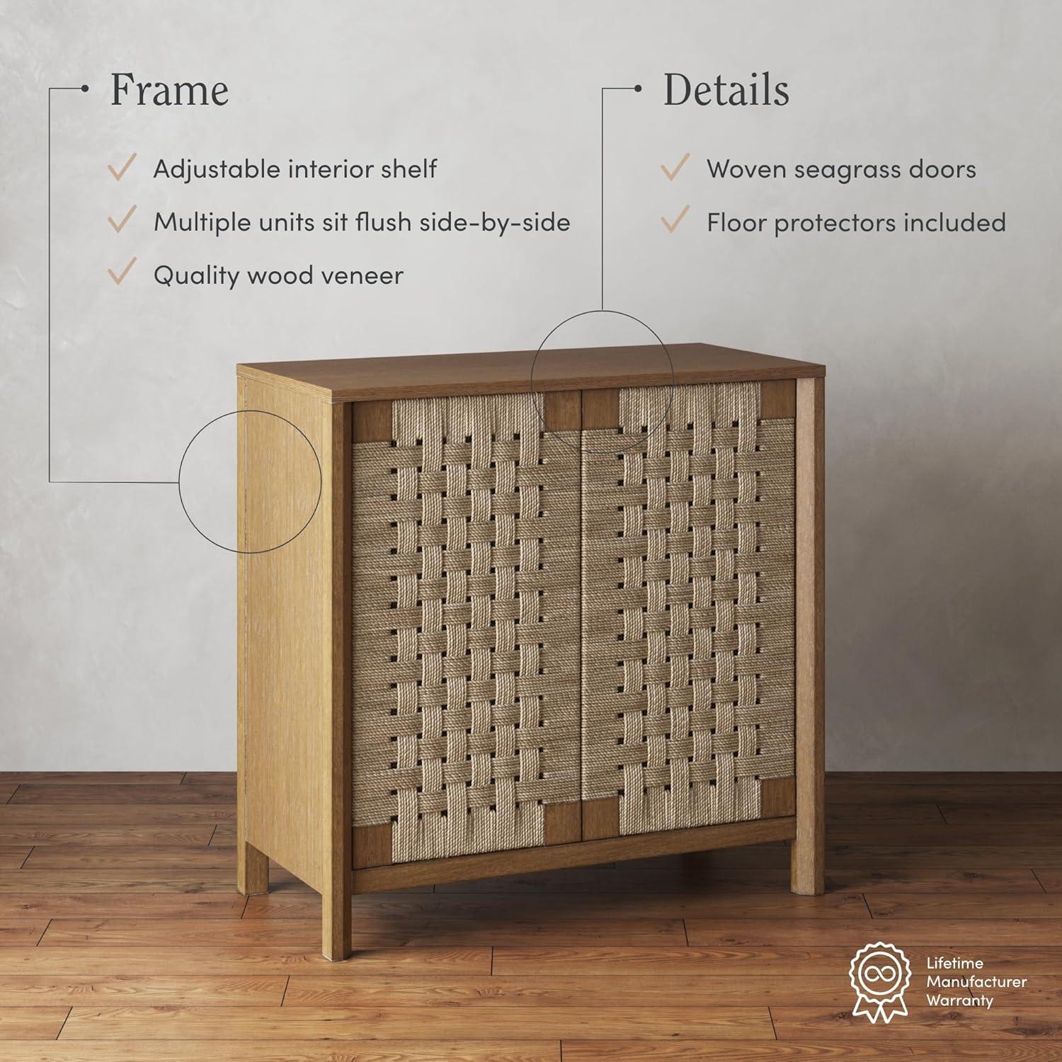Rustic Wood TV Stand Cabinet With Seagrass Door Panels
