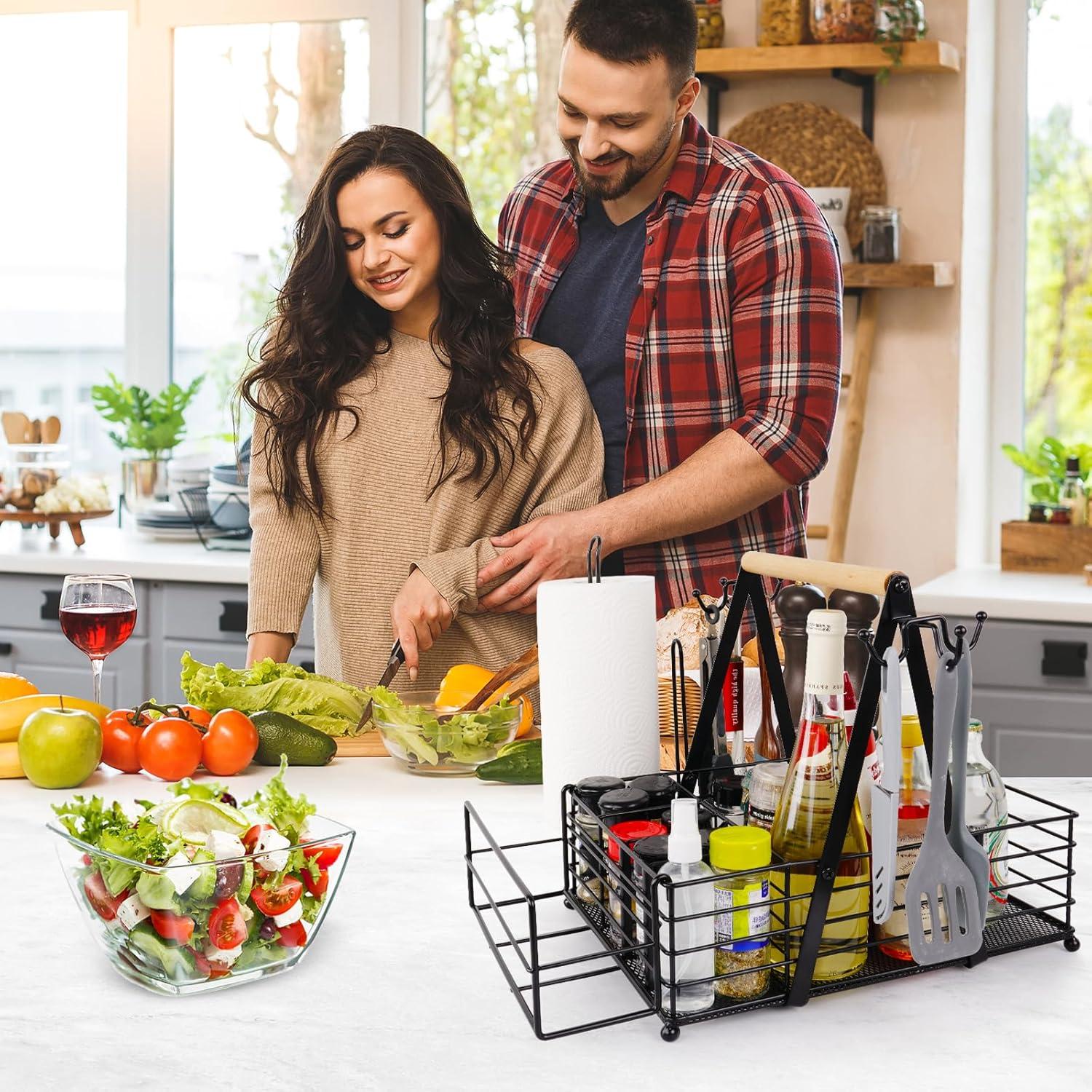 Grill Caddy Metal BBQ Caddy with Paper Towel Holder Utensil Picnic Condiment Large BBQ Grill Tool Holder Organizer Storage Adjustable Compartment Storage