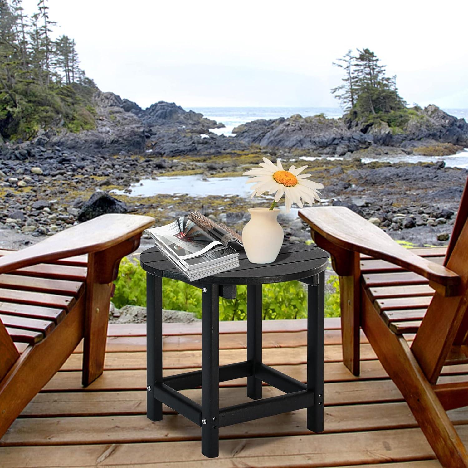 Black Round Outdoor End Table with Wood Core