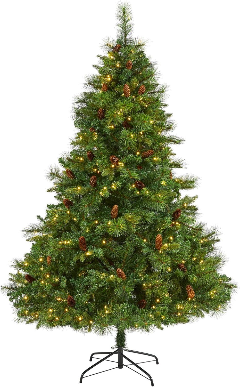 Nearly Natural 6’ West Virginia Full Bodied Mixed Pine Prelit LED Artificial Christmas Tree with Pine Cones