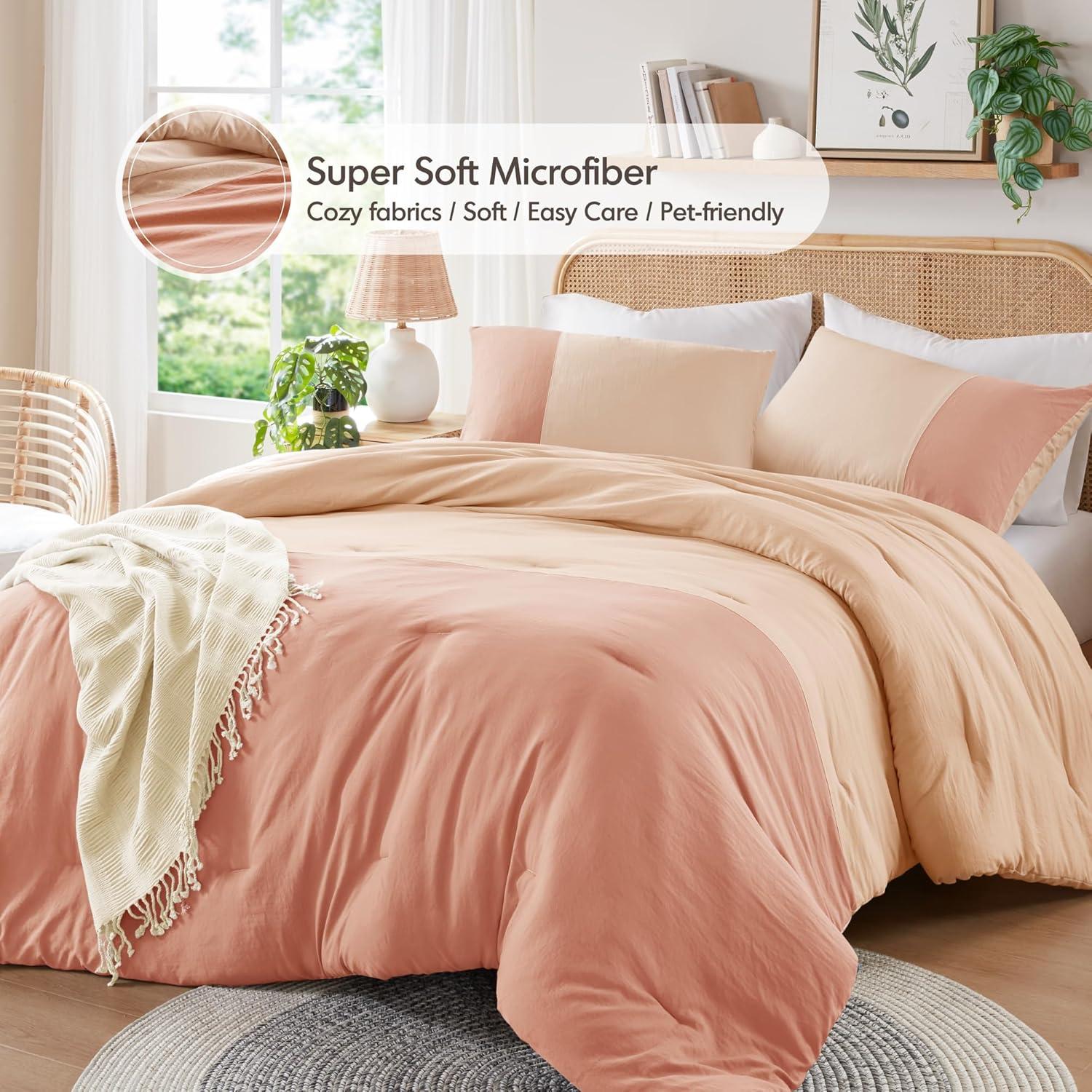 Pink Twin Comforter Set - Modern Soft Farmhouse Bedding for Teen Girls, Kids Colorblock Pattern Bed Sets for All Season, 2 Pieces Includes 1 Comforter, 1 Sham (66"x 90")