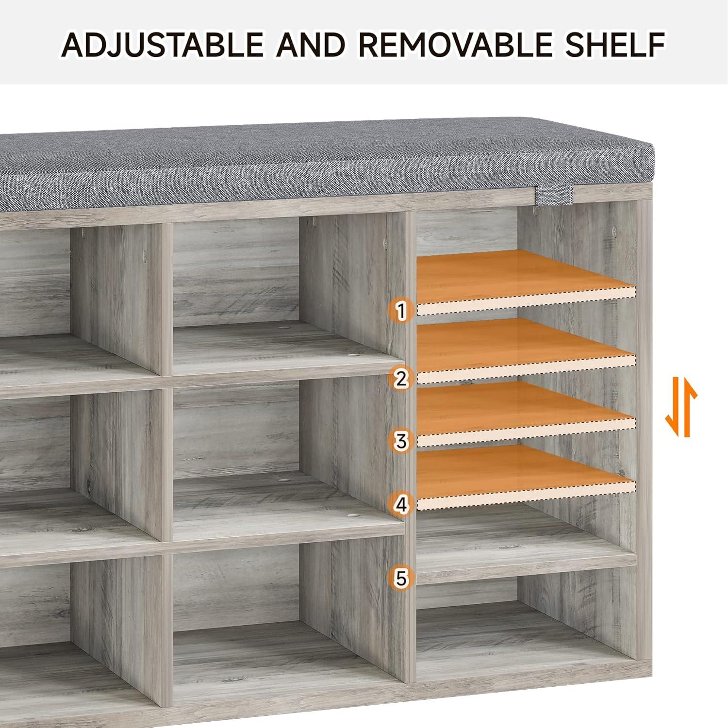 Gray Wood Shoe Storage Bench with Cushion and Adjustable Shelves