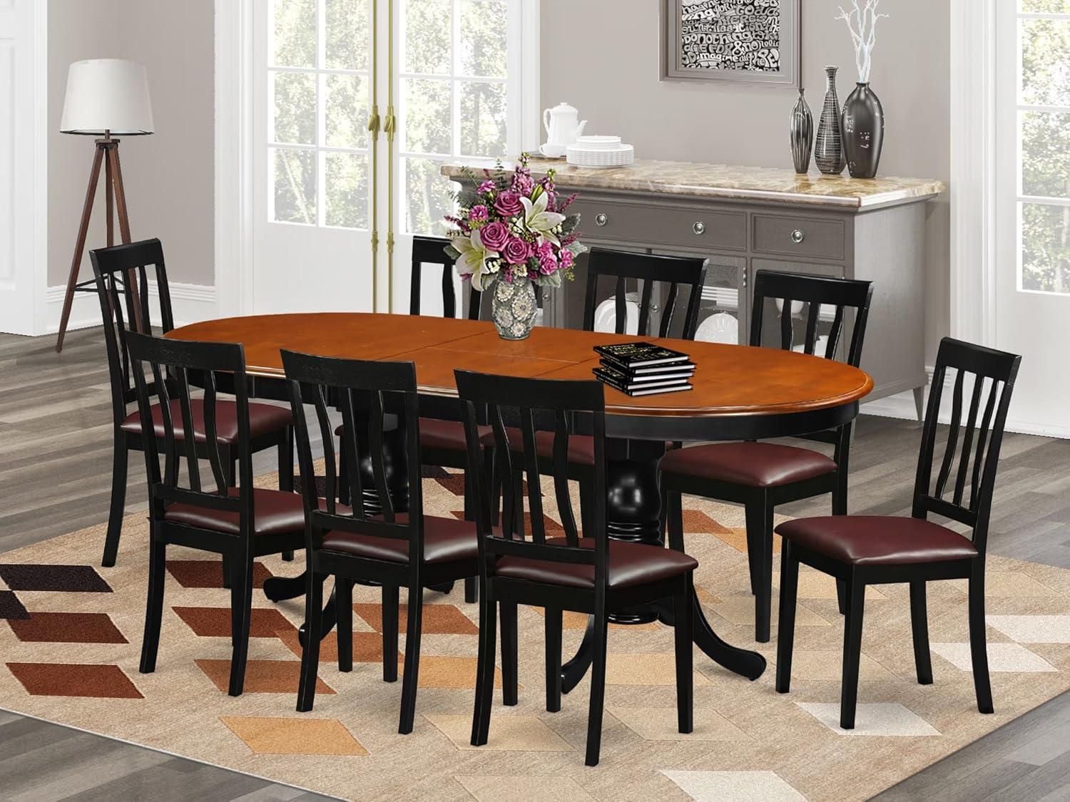 Black and Cherry 78" Oval Dining Table Set with 8 Faux Leather Chairs