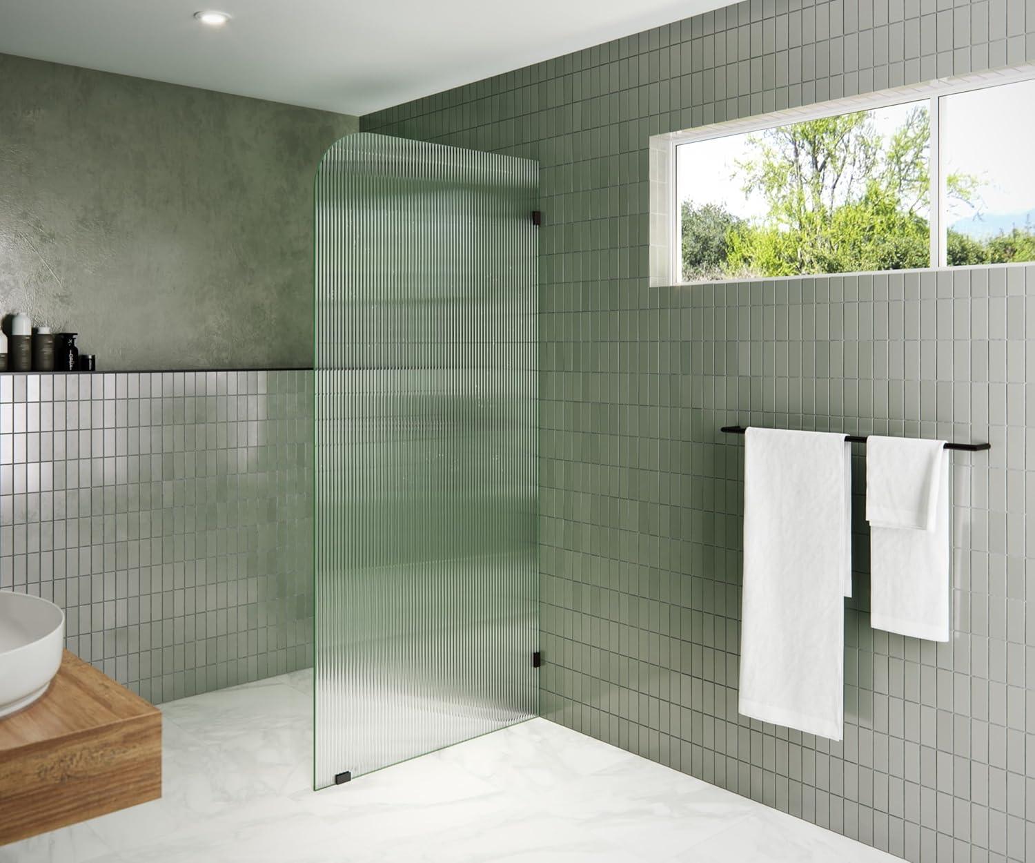 Glass Warehouse  36" x 78" Frameless Shower Door - Single Fixed Panel Fluted Frosted Radius Matte Black 36 Inch - Right Matte