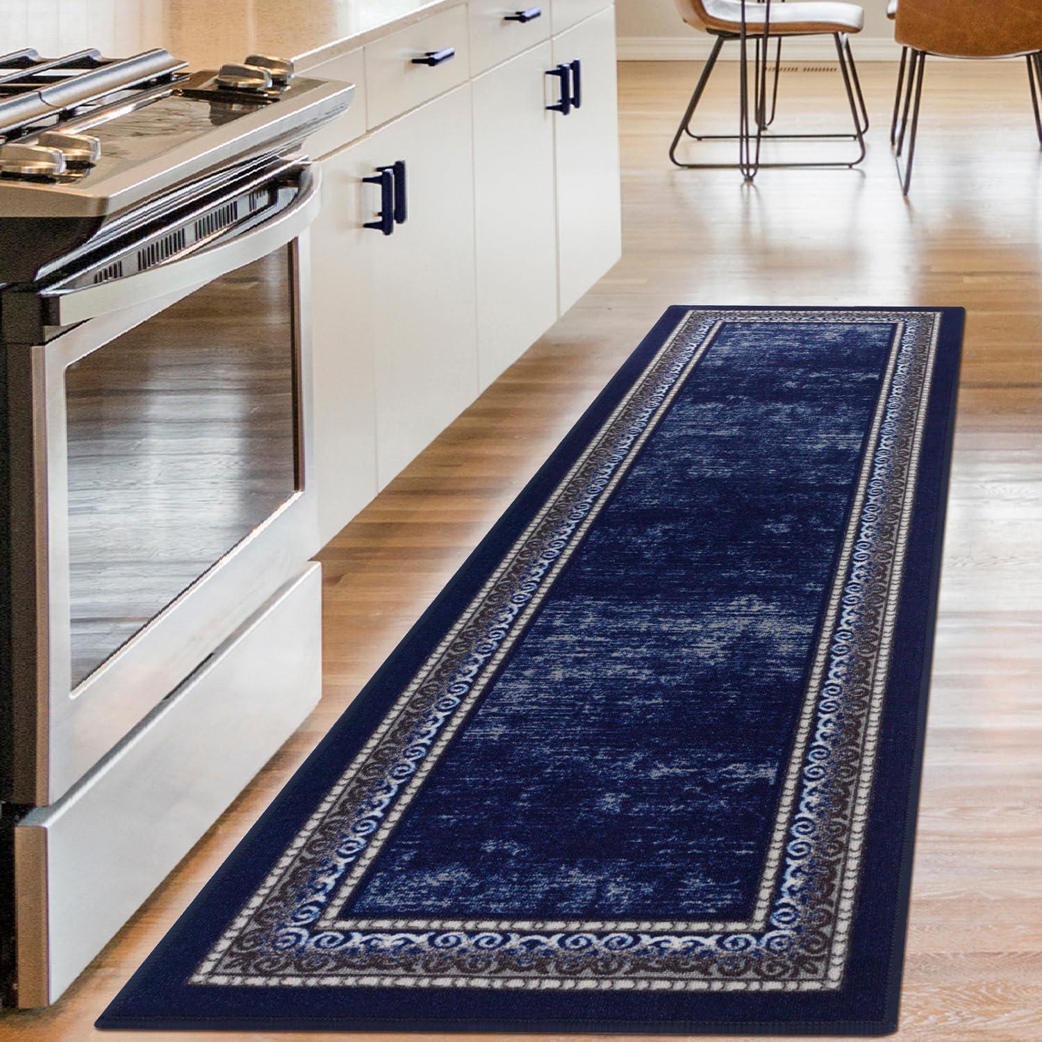 Antep Rugs Alfombras Bordered Modern 2x7 Non-Slip (Non-Skid) Low Pile Rubber Backing Indoor Area Runner Rug (Navy, 2' x 7')