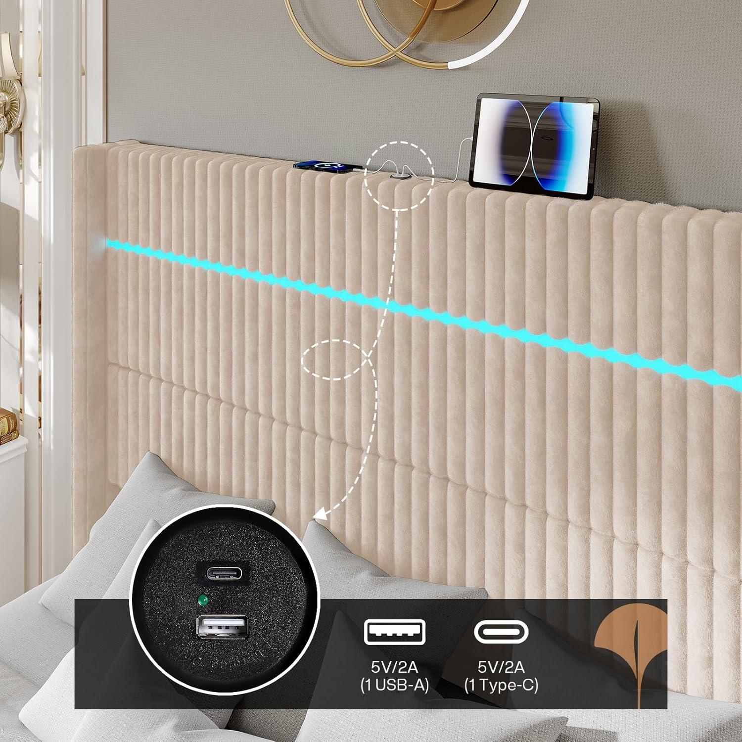 Ivy Bronx LED Bed Frame, Corduroy Upholstered Platform with 60" Tall Headboard & Charging Station