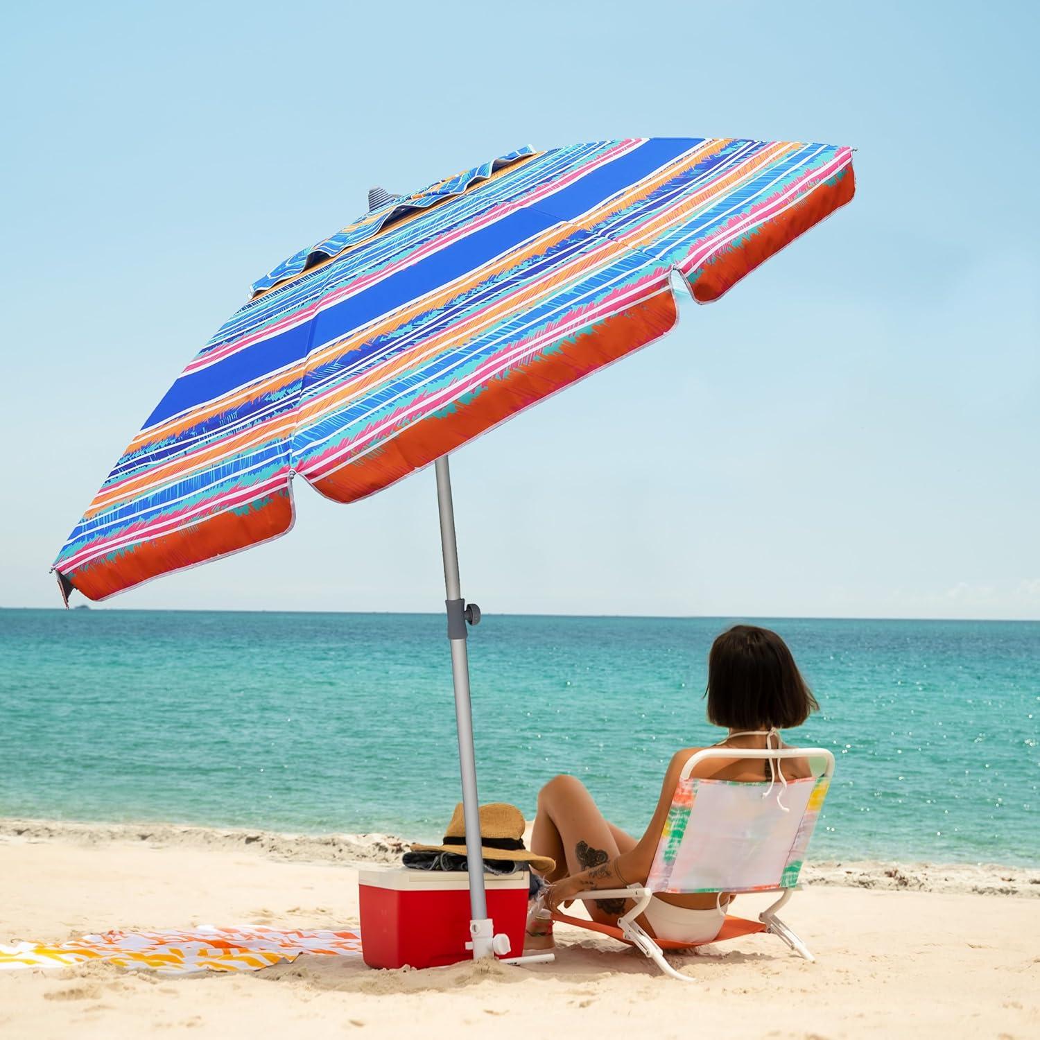 7ft Multicolor Blue Beach Umbrella with Sand Anchor and Tilt Aluminum Pole