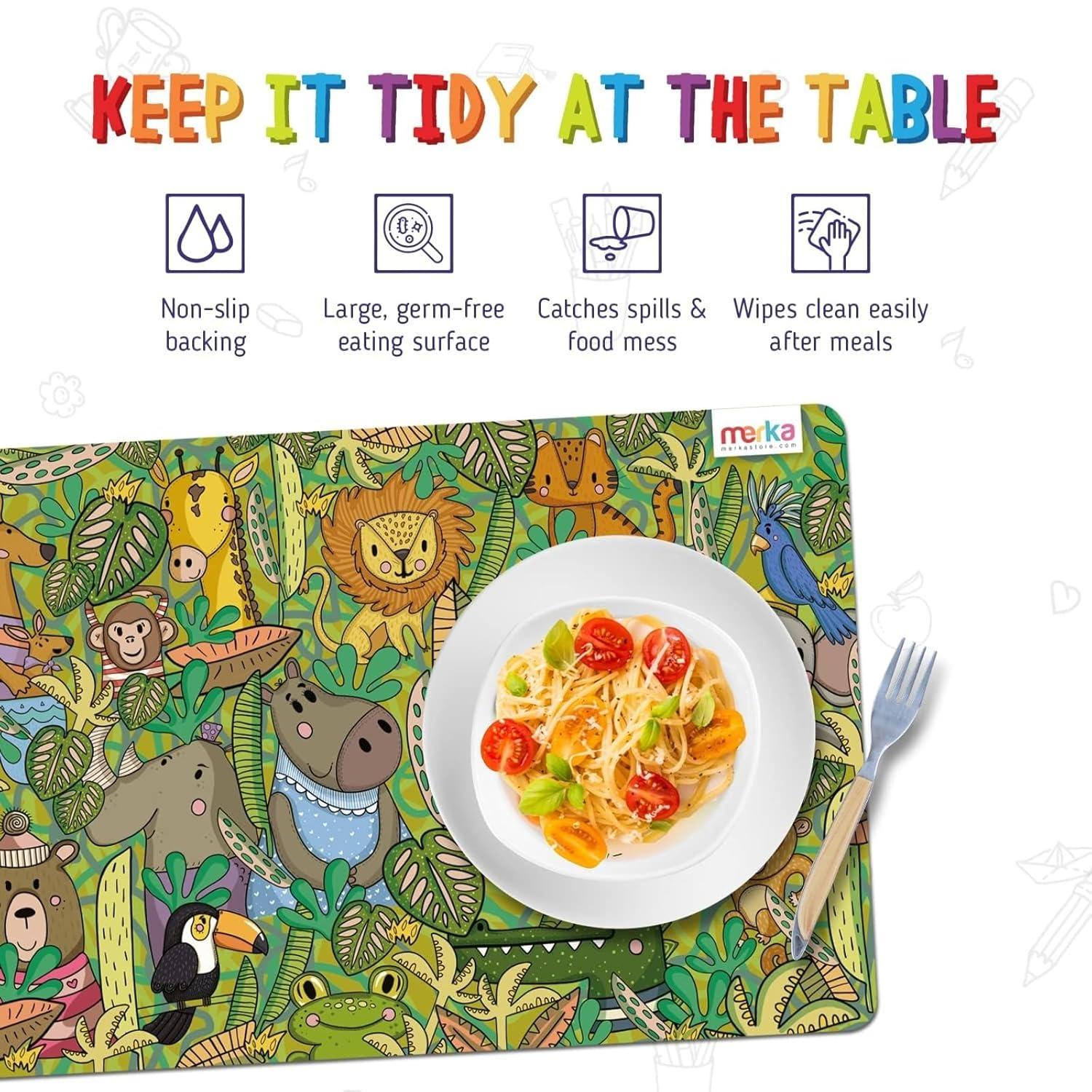 merka Kids Wipeable Plastic Placemats for Dining Table - Ocean, Space, Jungle, Unicorns for Ages 2 and Up, Set of 4