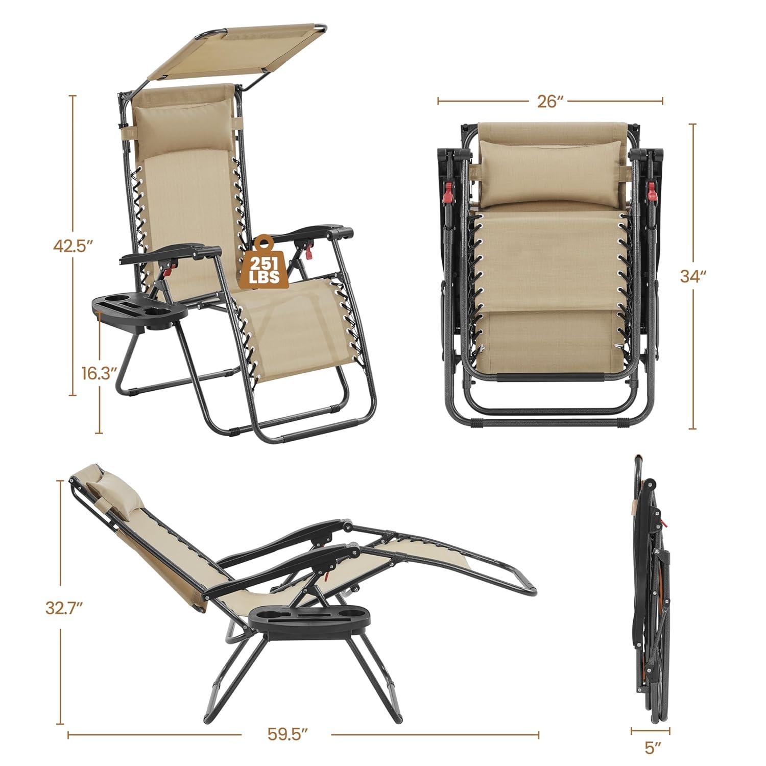 Yaheetech 26in Outdoor Zero Gravity Chair with Cupholder and Pillow, Beige