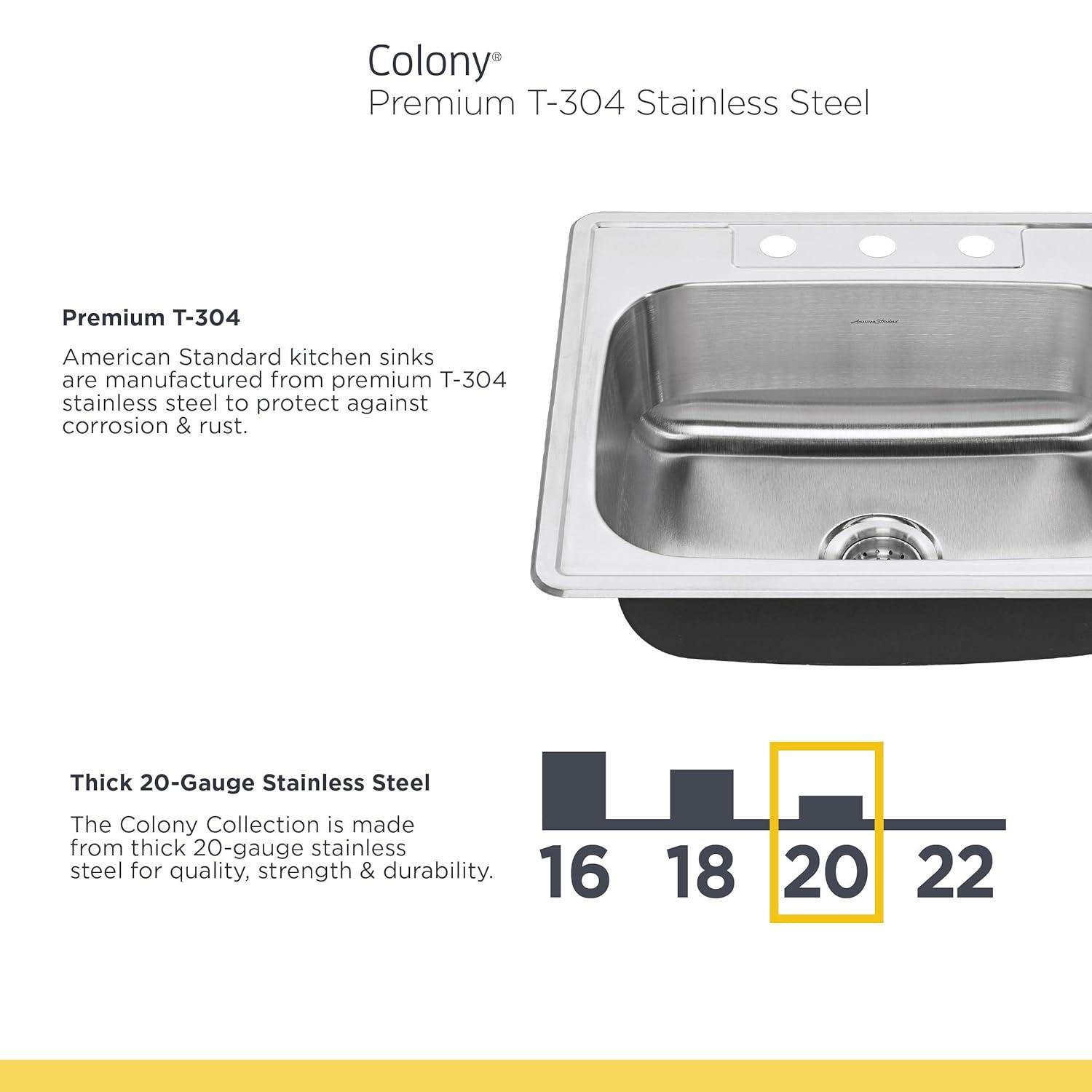 American Standard 22DB.6332284S.075 Colony 33'' L Drop-In Double Bowl Stainless Steel Kitchen Sink