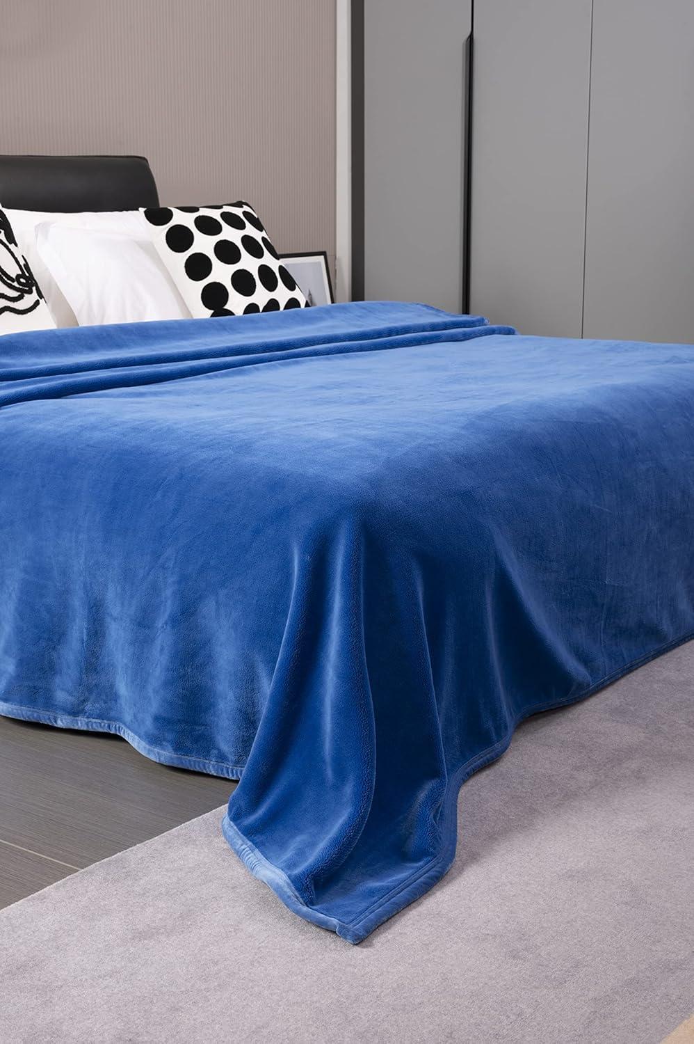 Sapphire Blue Twin Plush Flannel Blanket with Velvety Binding