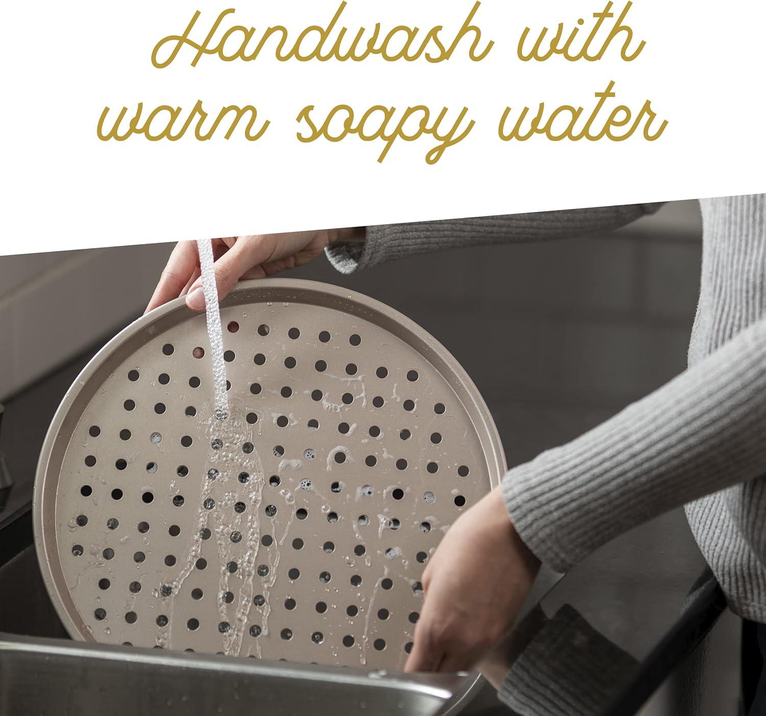 Ultra Cuisine Large Round Carbon Steel Perforated Pizza Pan with Holes, Nonstick, 13in, Champagne