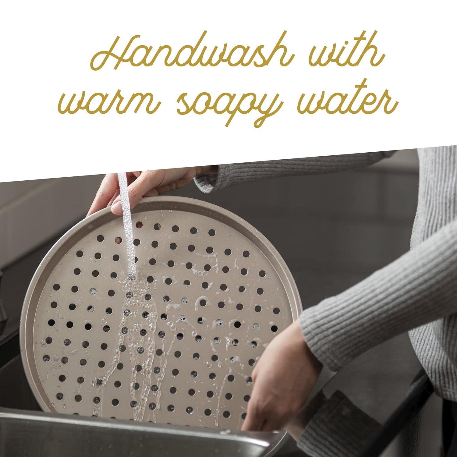 Ultra Cuisine Large Round Carbon Steel Perforated Pizza Pan with Holes, Nonstick, 13in, Champagne