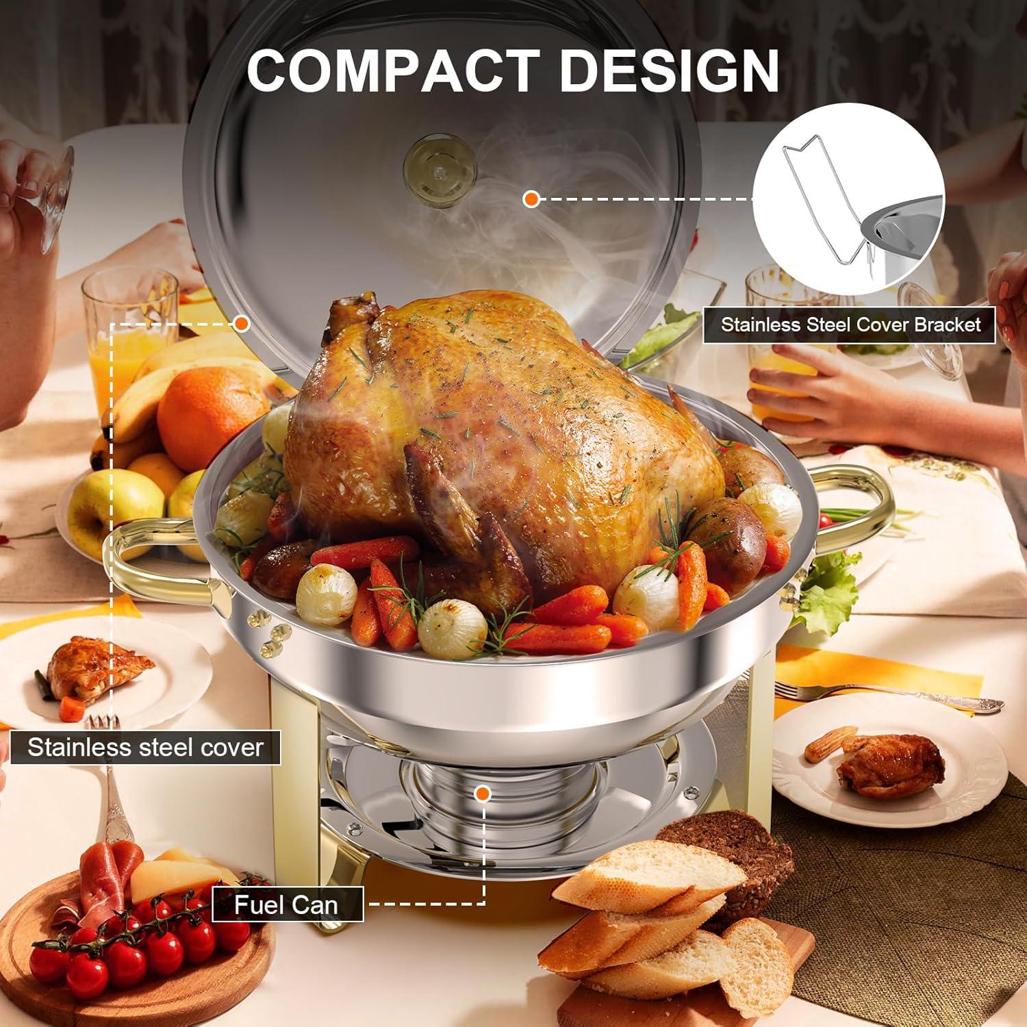 WhizMax Chafing Dish Buffet Set 2 Pack 5QT, Stainless Steel Round Chafing Dishes for Buffet with Lid Holder & Glass Lid, Gold