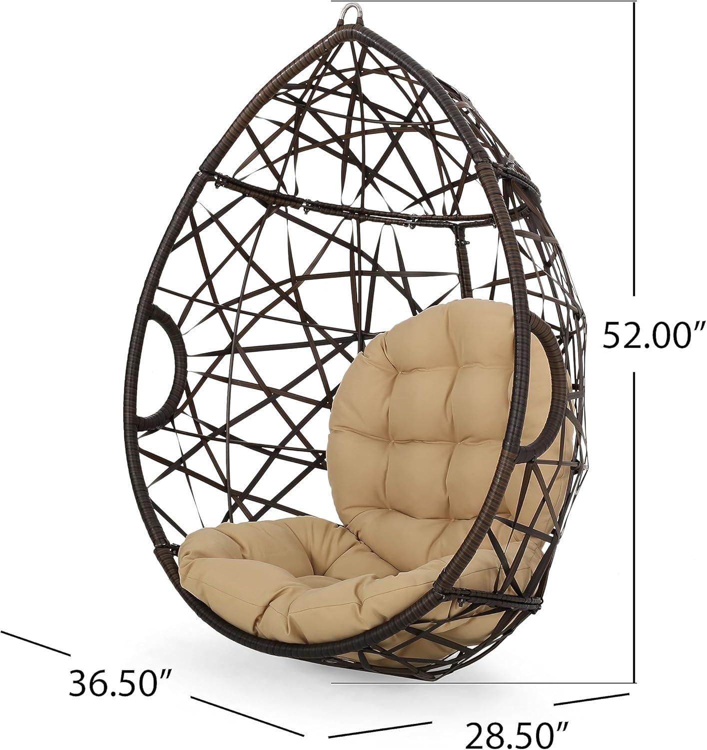 Cayuse Wicker Tear Drop Hanging Chair - Brown/Tan - Christopher Knight Home: Outdoor Patio Swing with Cushion