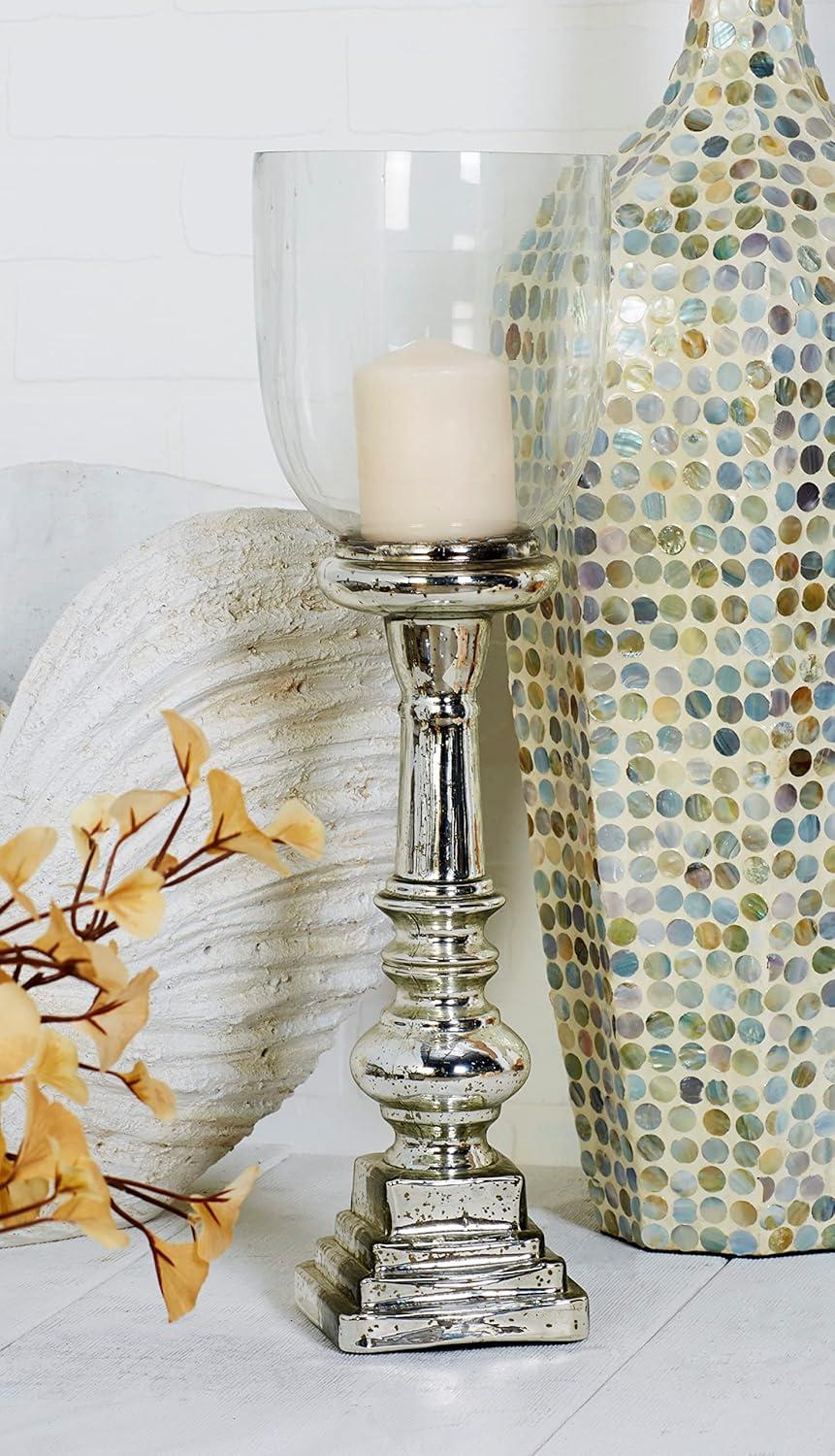 DecMode Silver Glass Handmade Turned Style Pillar Hurricane Lamp with Faux Mercury Glass Finish