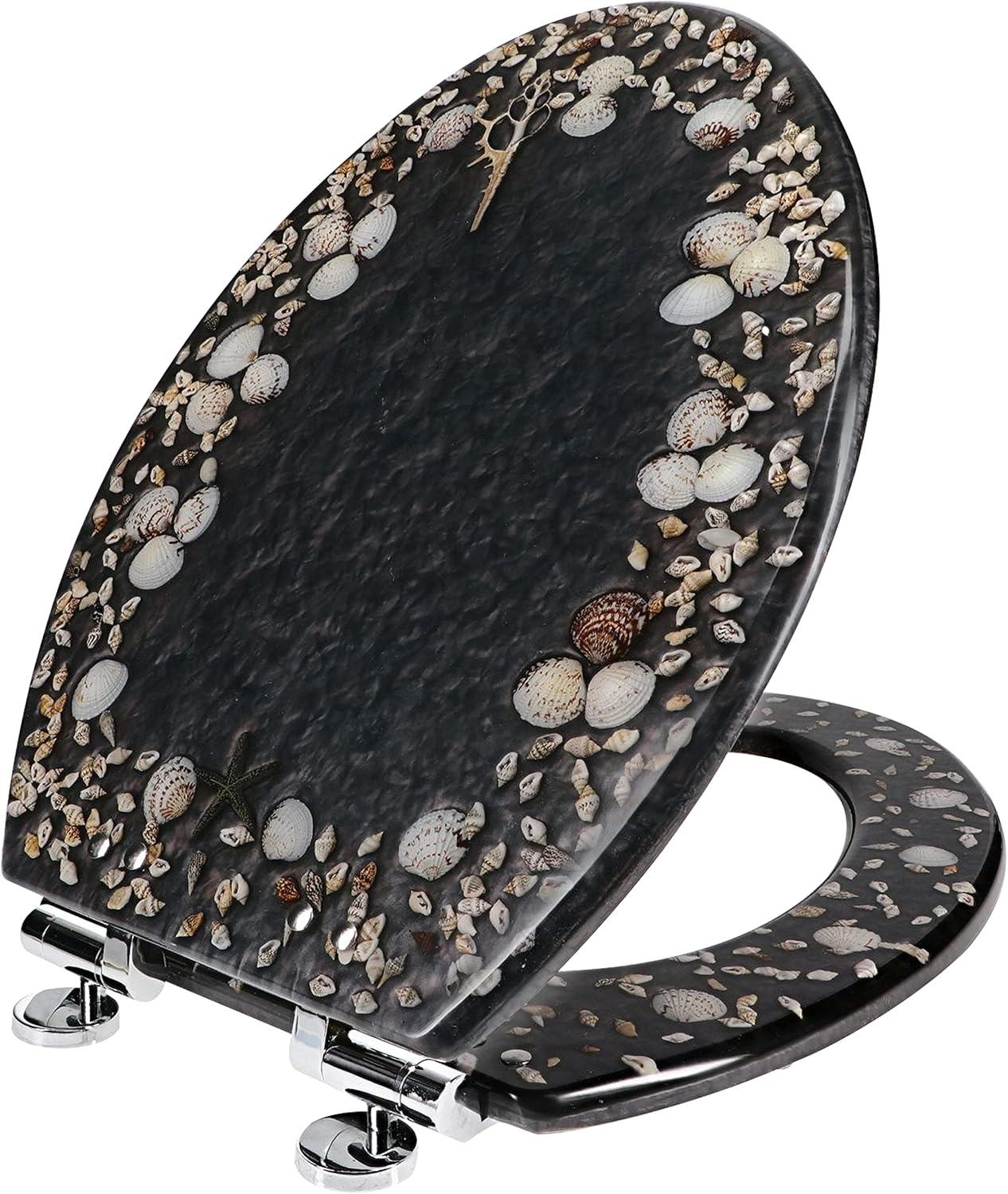 Home+Solutions Deluxe Resin Maui Decorative Elongated Toilet Seat - Coastal Decor, Beach House, Shells, No Slam Toilet, Slow Close, Resin Elongated Toilet Seats
