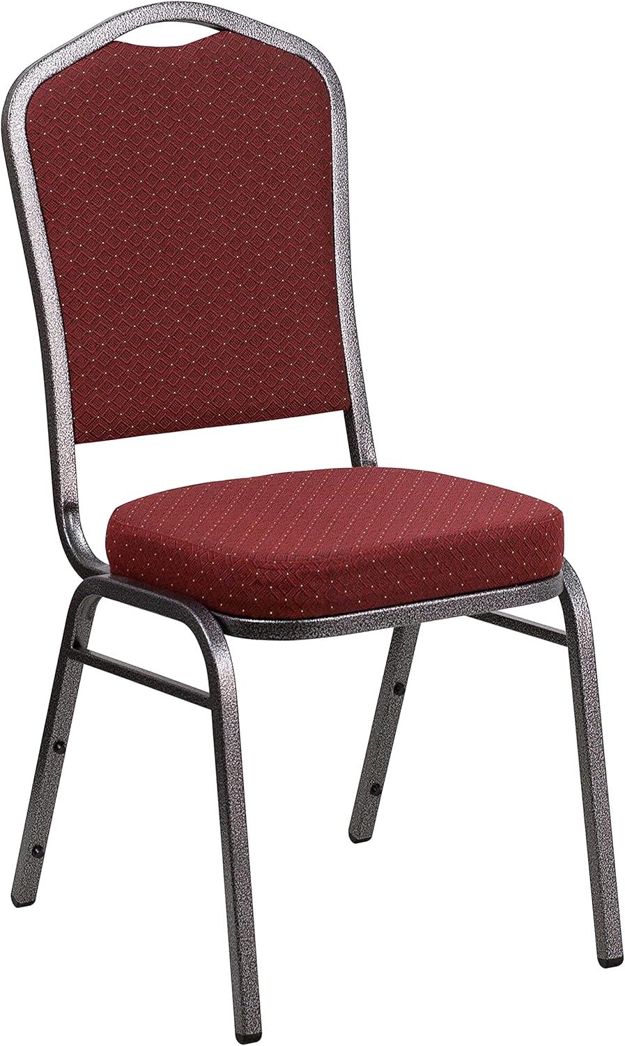 Burgundy Patterned Fabric Stacking Banquet Chair with Silver Frame