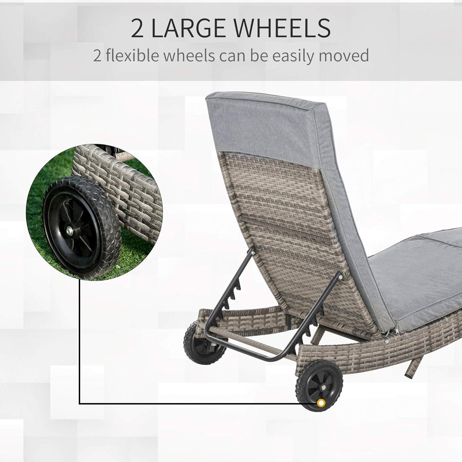 Outsunny Patio Wicker Chaise Lounge Chair, Outdoor PE Rattan Sun lounger w/ 5-Level Adjustable Backrest & 2 Wheels for Easy Movement, Mixed Gray