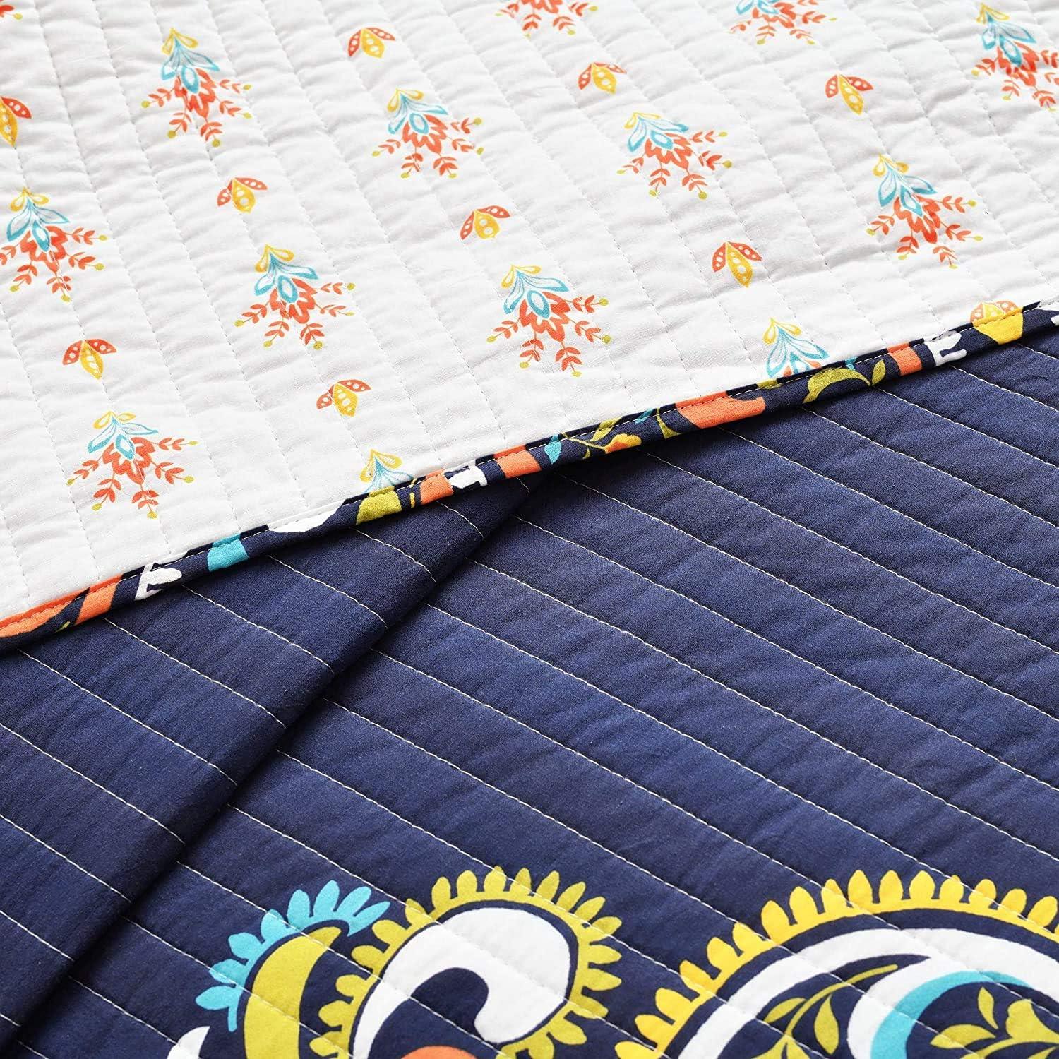 Navy Reversible Cotton Full Quilt Set with Paisley Damask Pattern