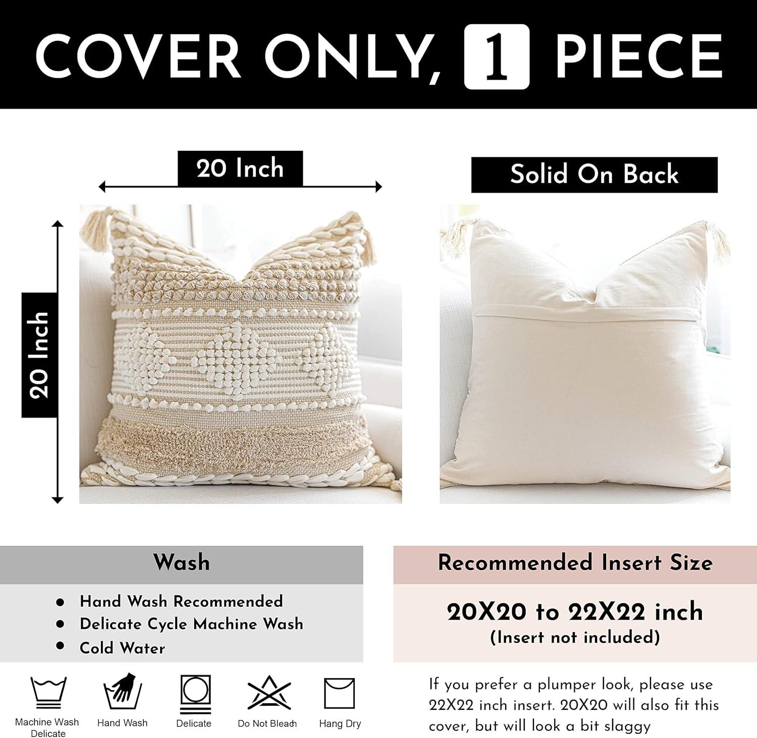 Cream White Boho Throw Pillow Cover 20X20, Decorative Neutral Accent Pillow for Couch, Square Woven Textured Pillowcase, Modern Boho Pillow for Bed, Bohemian Pillow Cover (Pack of 1)