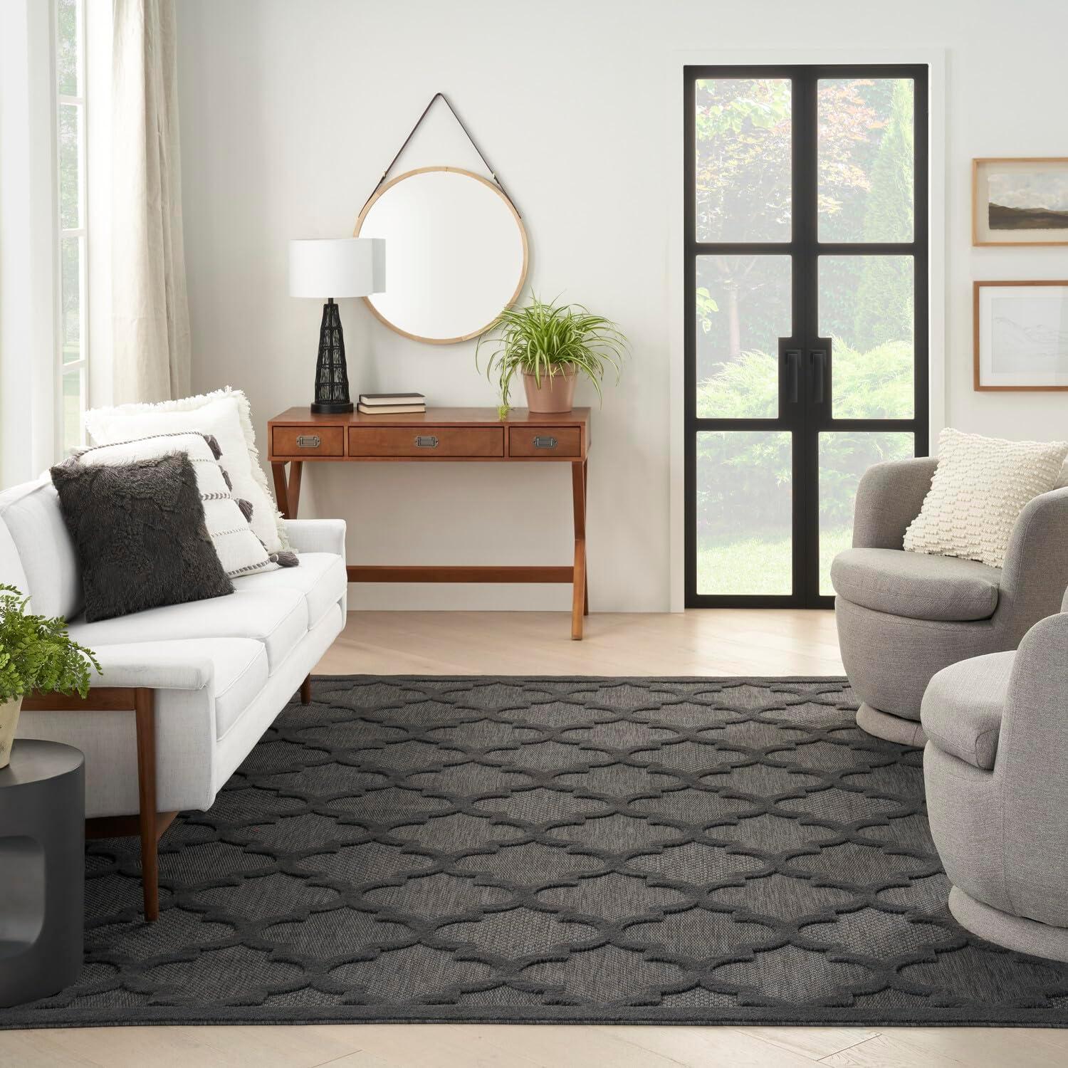 Charcoal Black Trellis 8' x 10' Rectangular Easy Care Rug