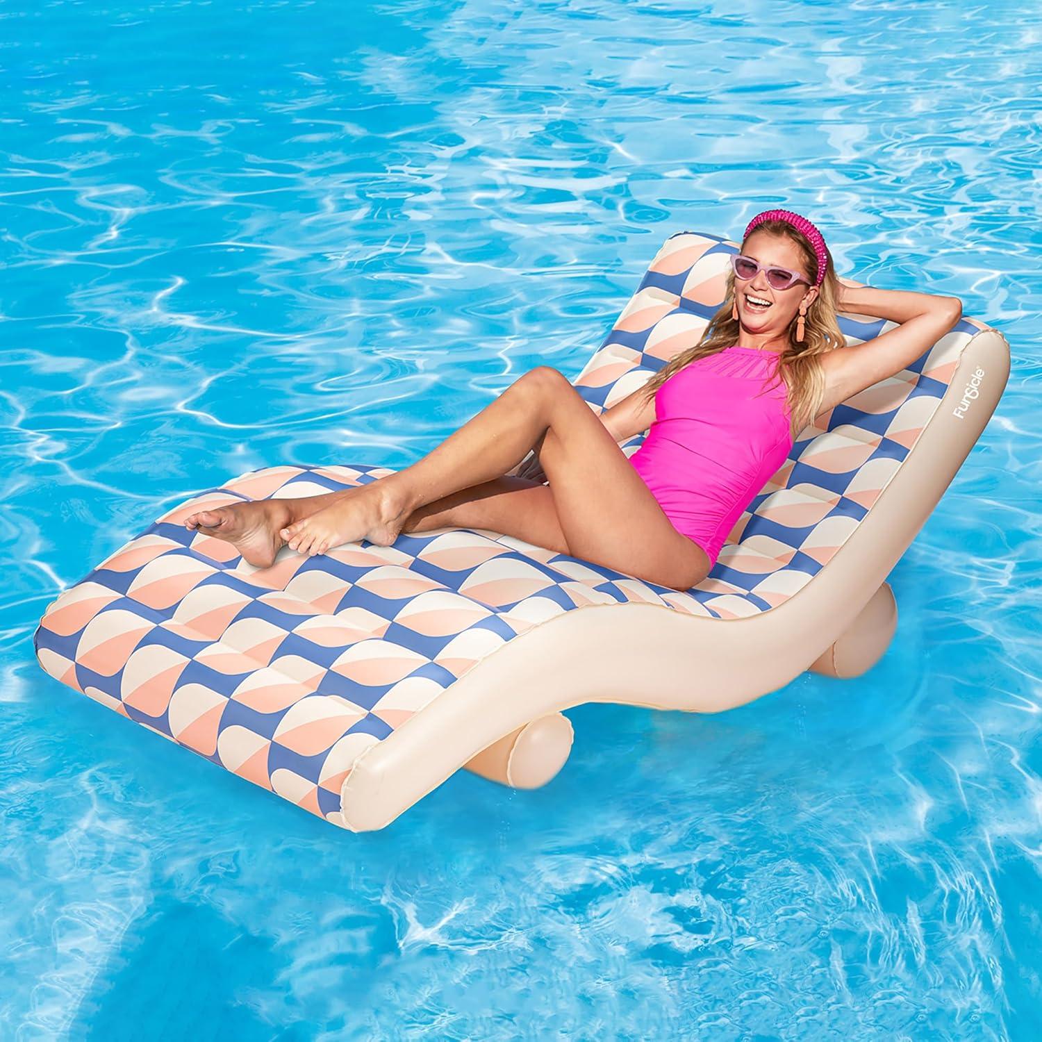 Funsicle: Inflatable Deco FunChaiser Pool & Water Float Lounge - Blue & Cream