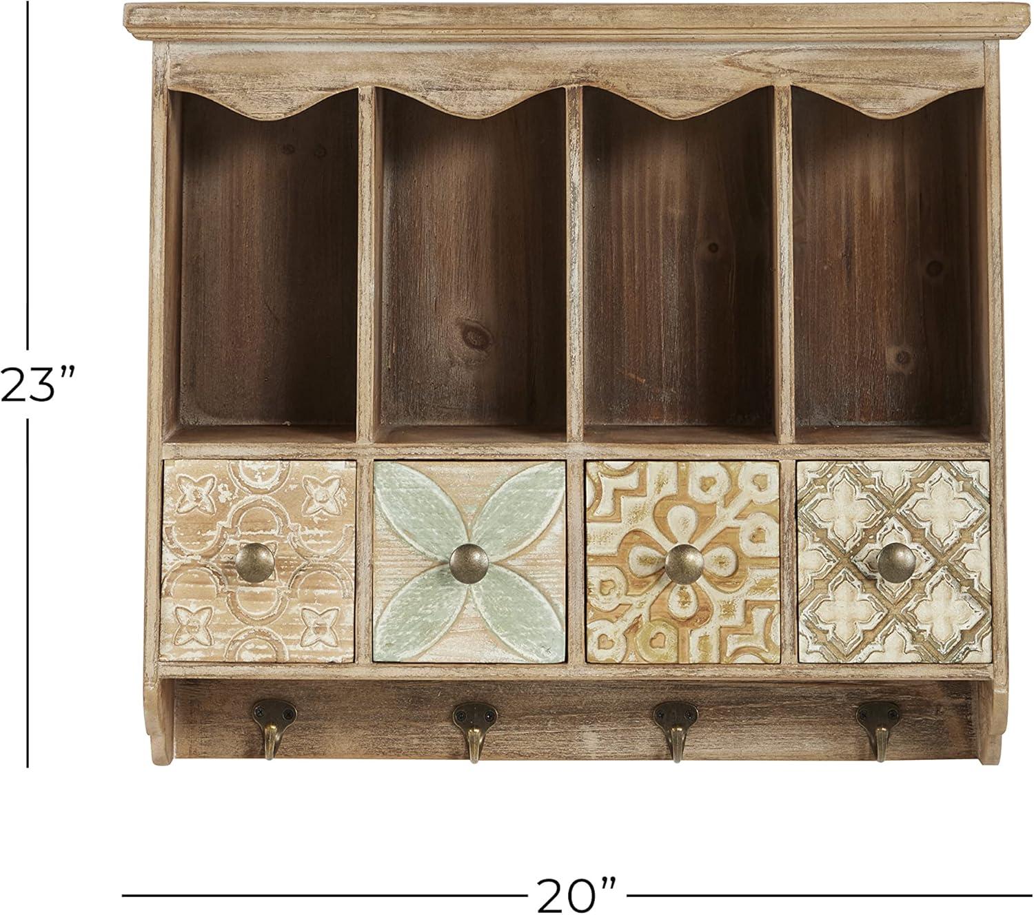 Brown Wooden Wall Shelf with Drawers and Hooks