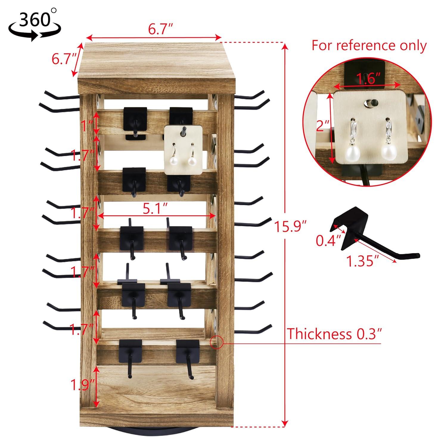 Latitude Run® Design Exquisite Rotating Jewelry Tower- Natural Wood Finish- Showcase And Organize Your Collection With 42 Hooks- Easy Earring Display Stand- 5 Bars On Each Face For Maximum Storage -Oak Color