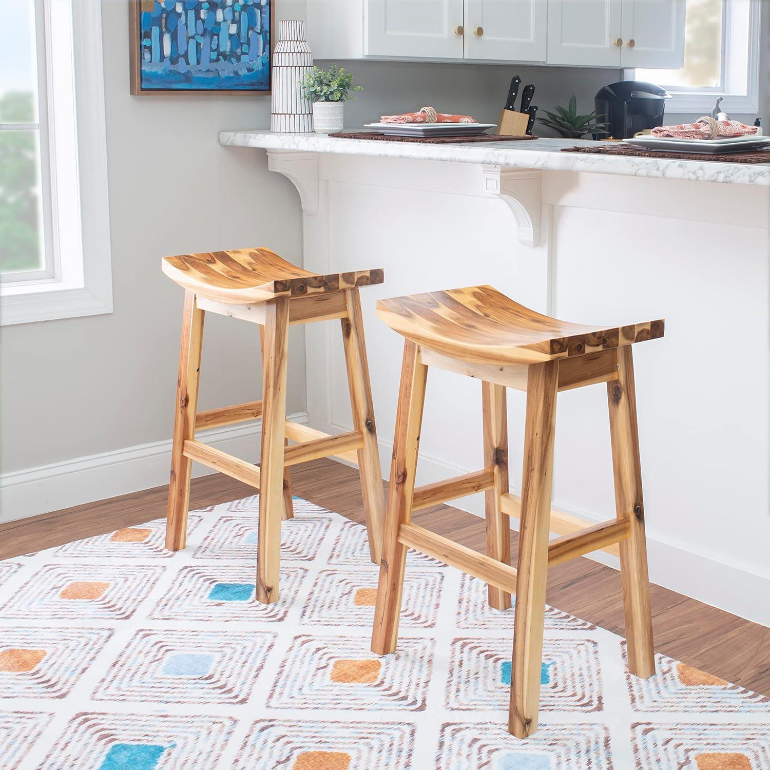 Linon Dale 30" Acacia Wood Saddle Seat Bar Stool in Rustic Light Natural Brown