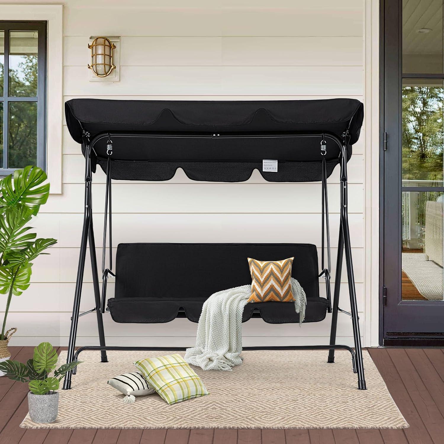 Black Steel 3-Seat Outdoor Swing with Adjustable Canopy