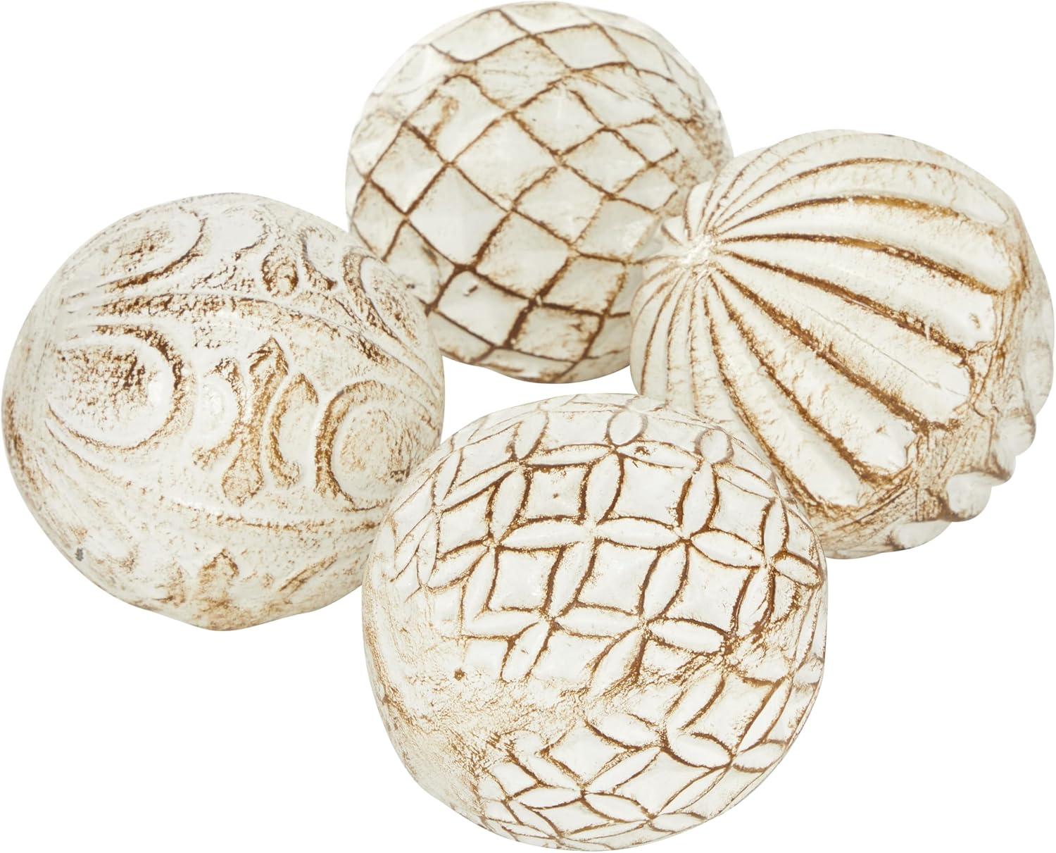 White and Gold Ceramic Carved Decorative Orbs, Set of 4