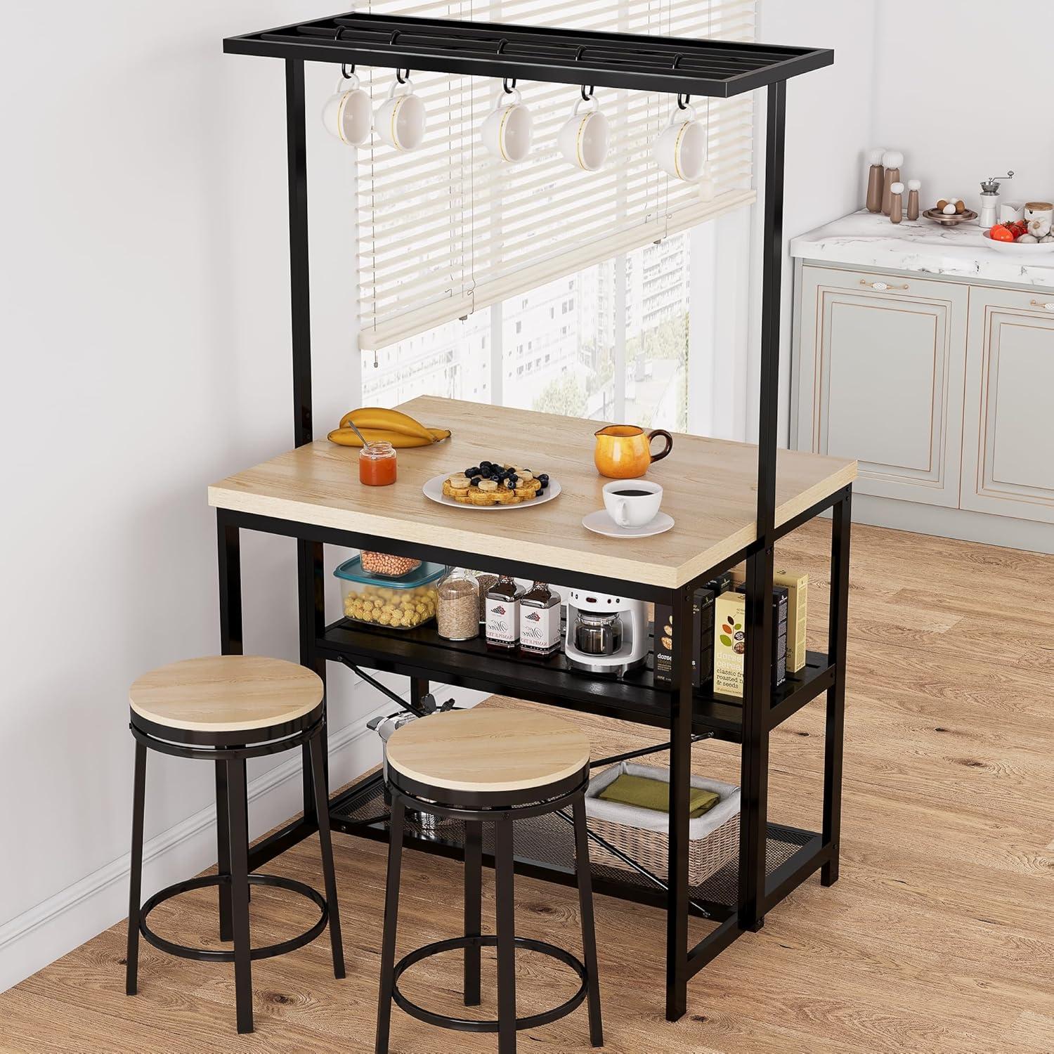 42" Large Kitchen Island Bakers Rack Microwave Oven Stand Shelf with 3 Tier Storage, Metal Coffee Bar Table,Kitchen Storage for Dining Living Room, 5 Hooks, 43.7 * 27.9 * 72