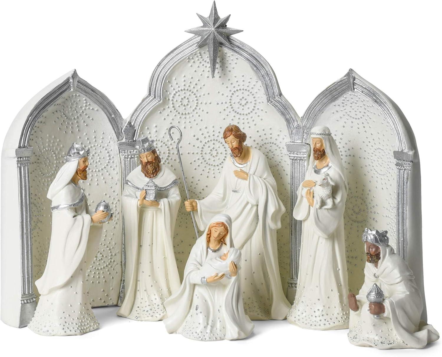 Silver and White Nativity Scene with Triptych Backdrop, 11.25 inch