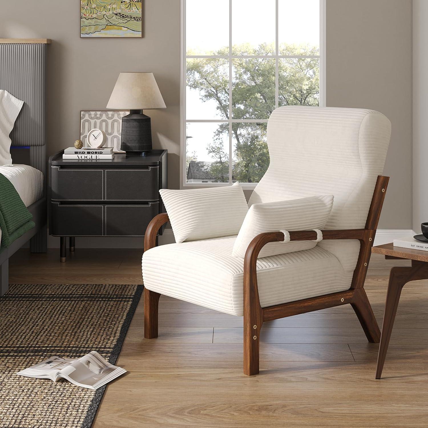 Bestier Mid Century Accent Chair Heightened Headrest with Removable Armrest Pillows,with Solid Wood Frame for Living Room, Bedroom, White