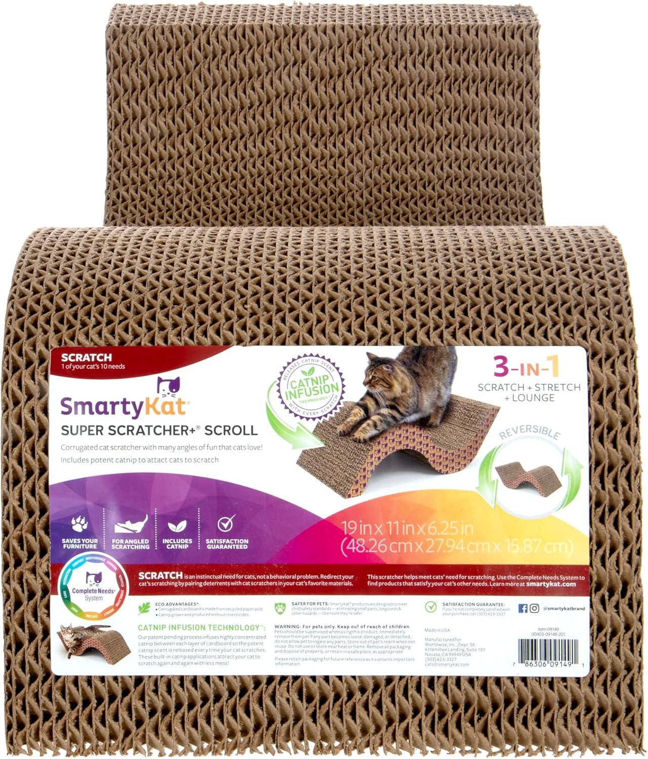 SmartyKat Super Scratcher & Scroll, Wide Corrugated Cat Scratcher for Indoor Cat & Kittens, Catnip Infusion Technology, Recycled Material, Brown