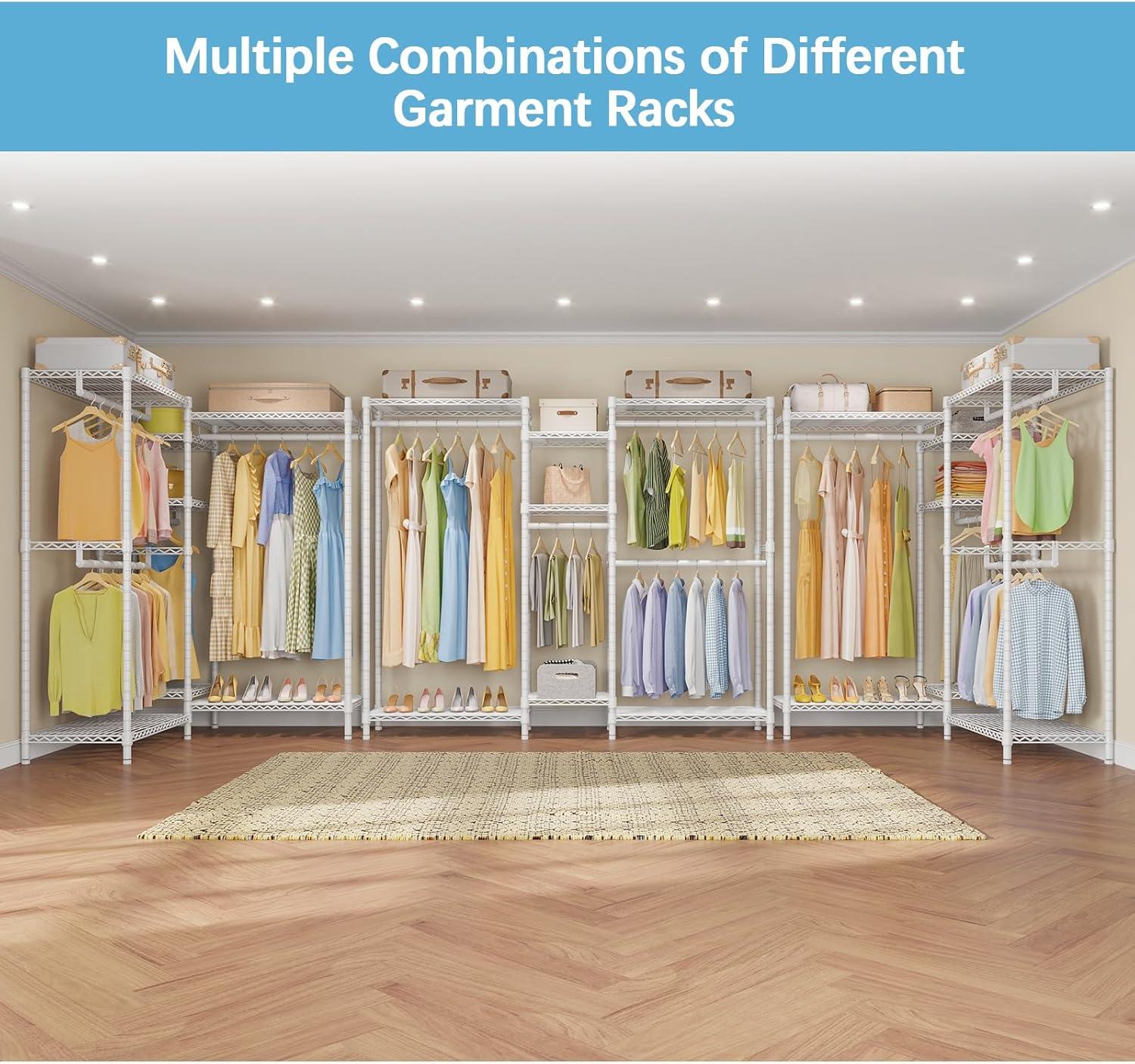 Ulif E7 Heavy Duty Garment Rack, Clothes Organizer and Storage Rack with Expandable Hangers, Metal Clothing Rack with 6 Wire Shelves, (52.3"-72") W x 14.5" D x 71.2" H, Load 838 LBS, White