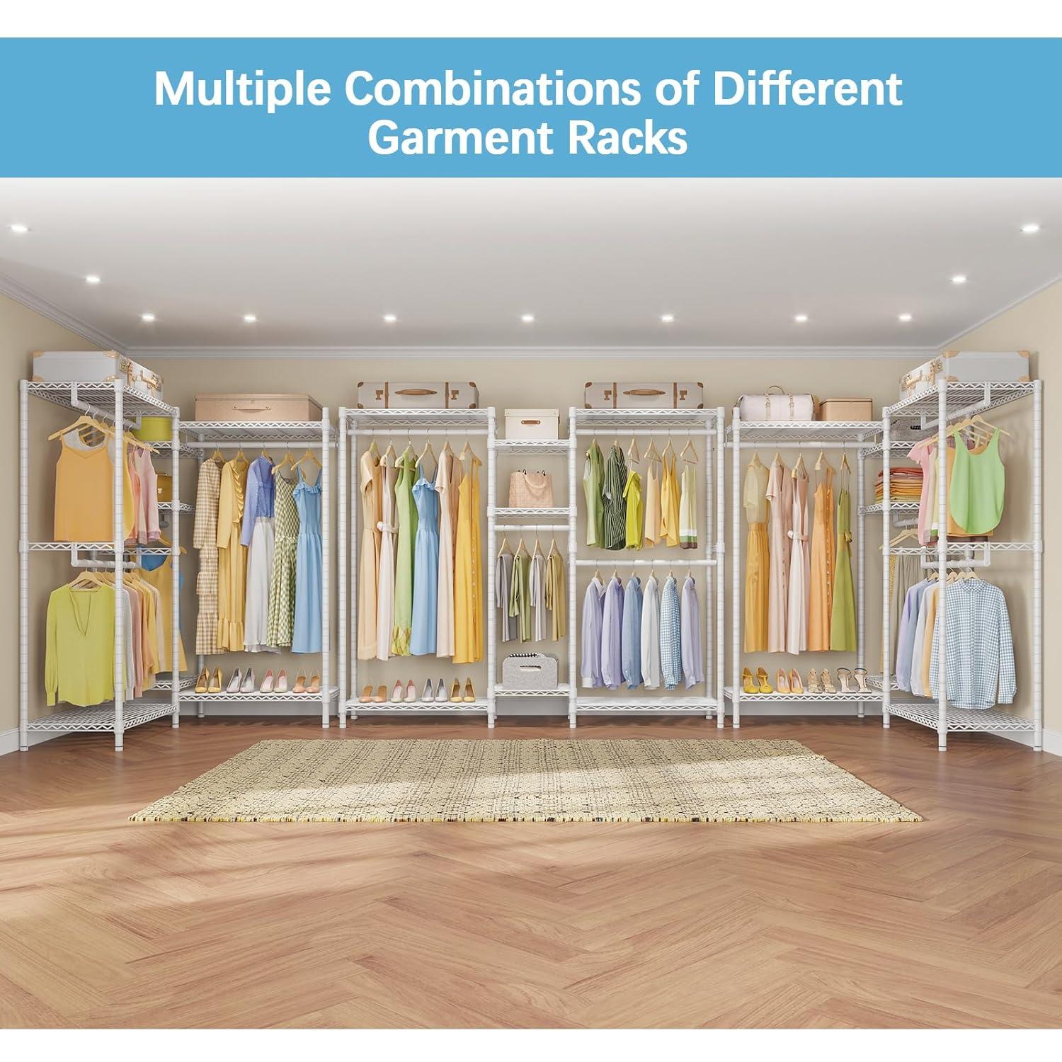 Ulif E7 Heavy Duty Garment Rack, Clothes Organizer and Storage Rack with Expandable Hangers, Metal Clothing Rack with 6 Wire Shelves, (52.3"-72") W x 14.5" D x 71.2" H, Load 838 LBS, White