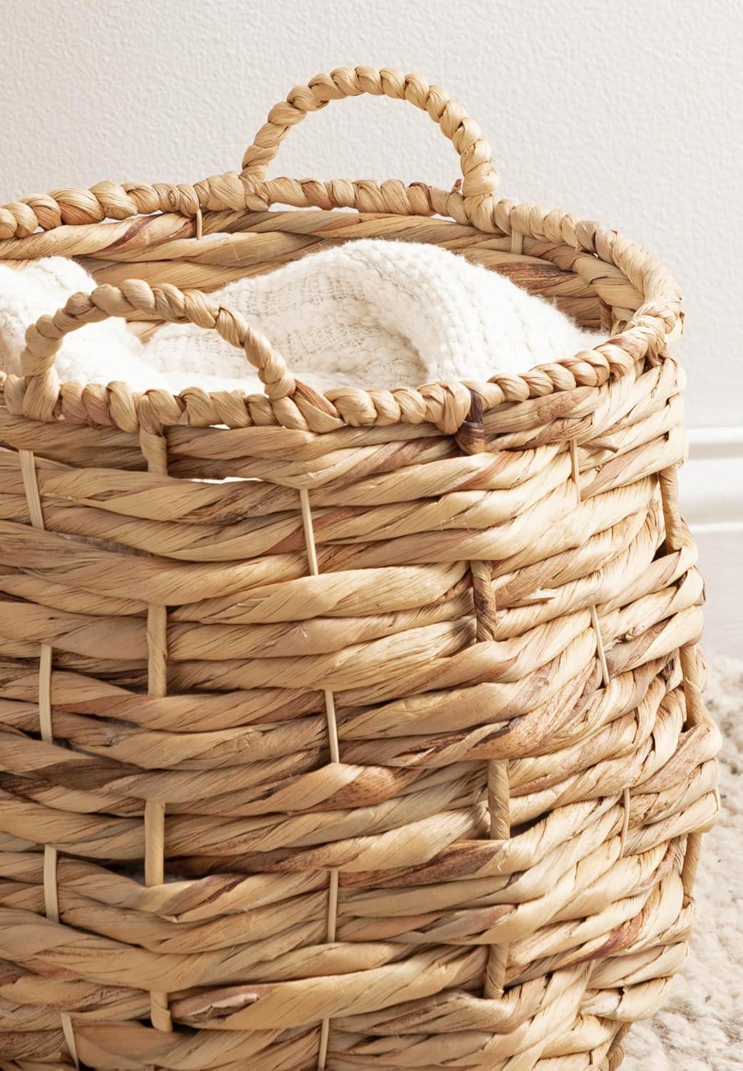 Kate and Laurel Livia Modern Woven Storage Basket, 13 x 13, Natural Water Hyacinth, Boho Wicker Basket for Use as Nursery Storage, Mini Laundry Basket, or Living Room Blanket Basket