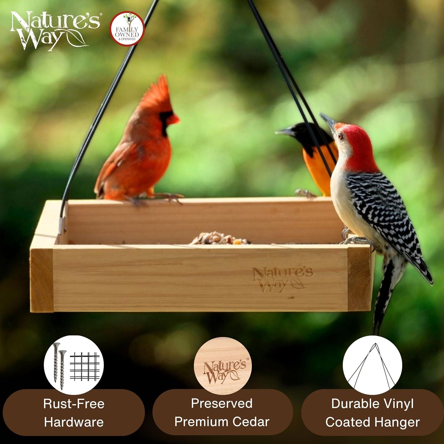 Nature's Way Cedar Tray Bird Feeder: Weather-Resistant Wood, No Assembly, 12x12 Hanging Design