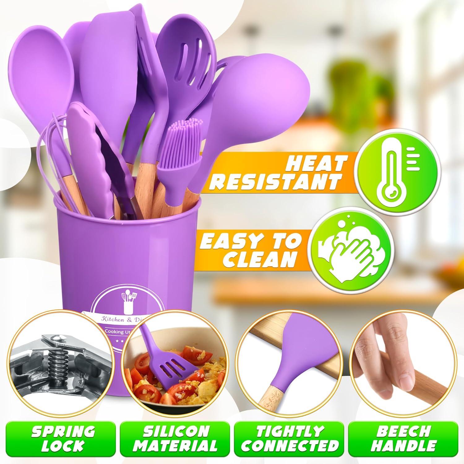 Silicone Cooking Utensils Set, KOSIY 12PCS Kitchen Utensils w/ Holder Wood Handle Non-Stick, Purple