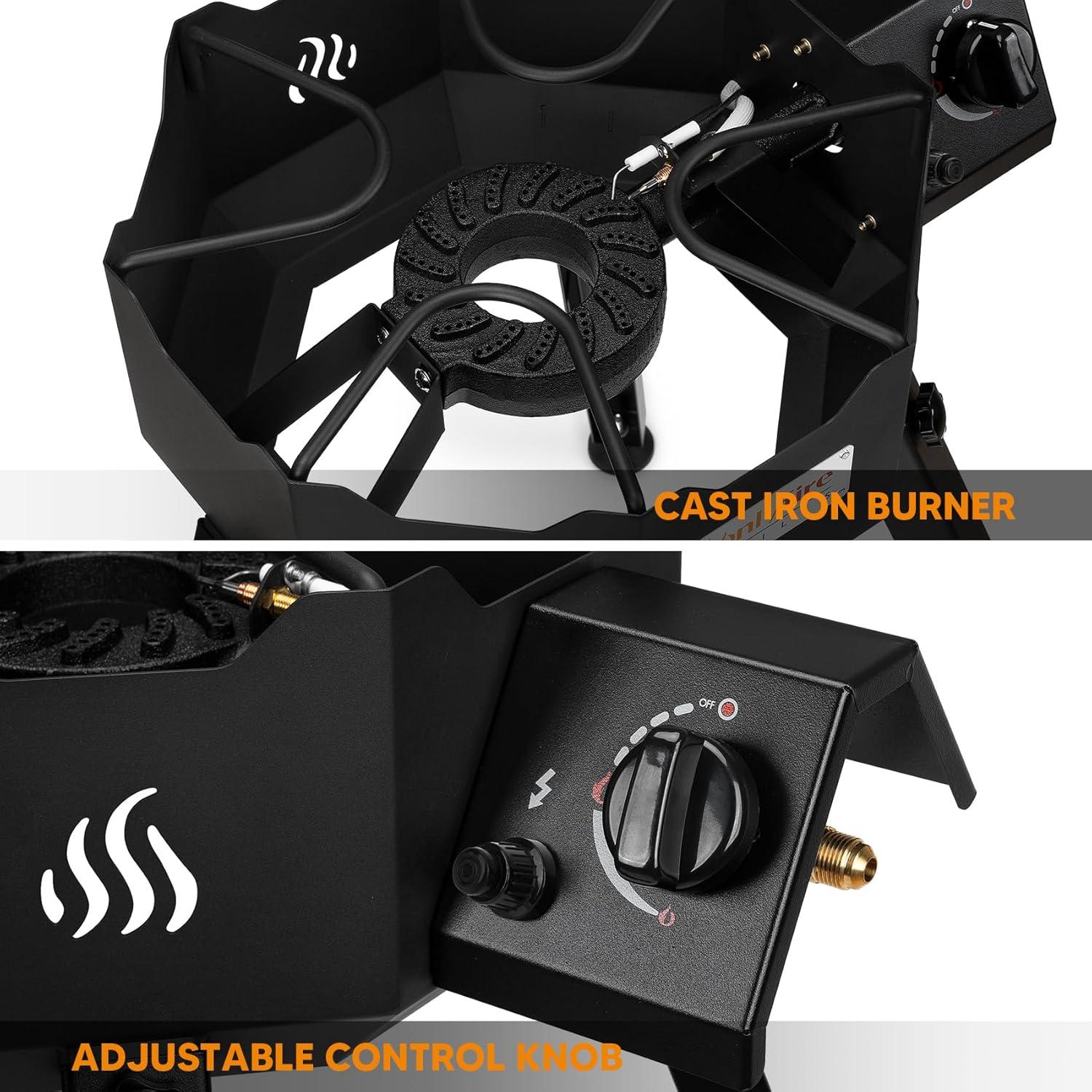 ONLYFIRE Portable Gas Burner with Adjustable Removable Legs, Propane Camping Stove for Backyard RV Tailgating Outdoor Cooking, works for Wok, Skillet, Frying Pan, Pot, 4FT Hose, 65000BTU, GS301