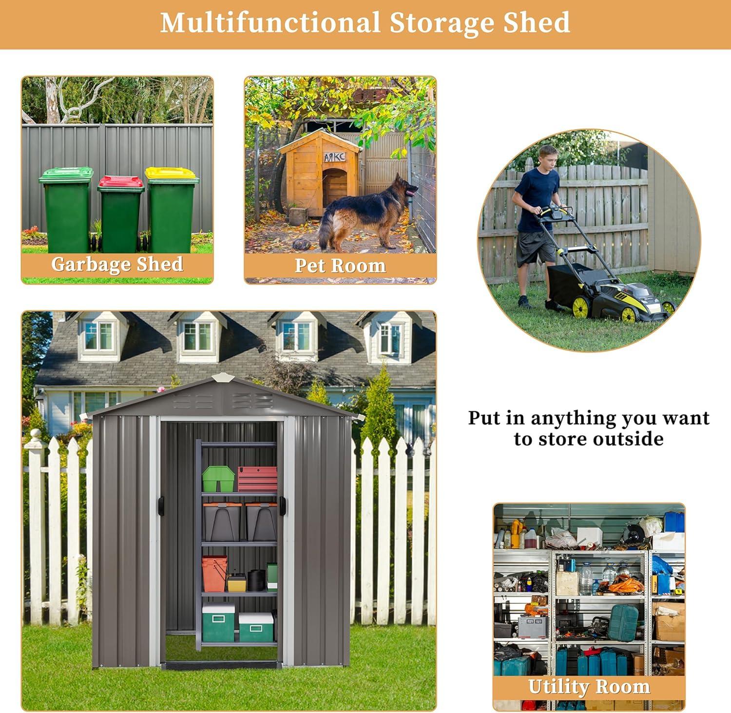 Futzca  6 x 4 x 6 FT Outdoor Metal Tool Shed Clearance with Lockable Door, Waterproof (Grey) - N/A 6x4x6 FT /Grey