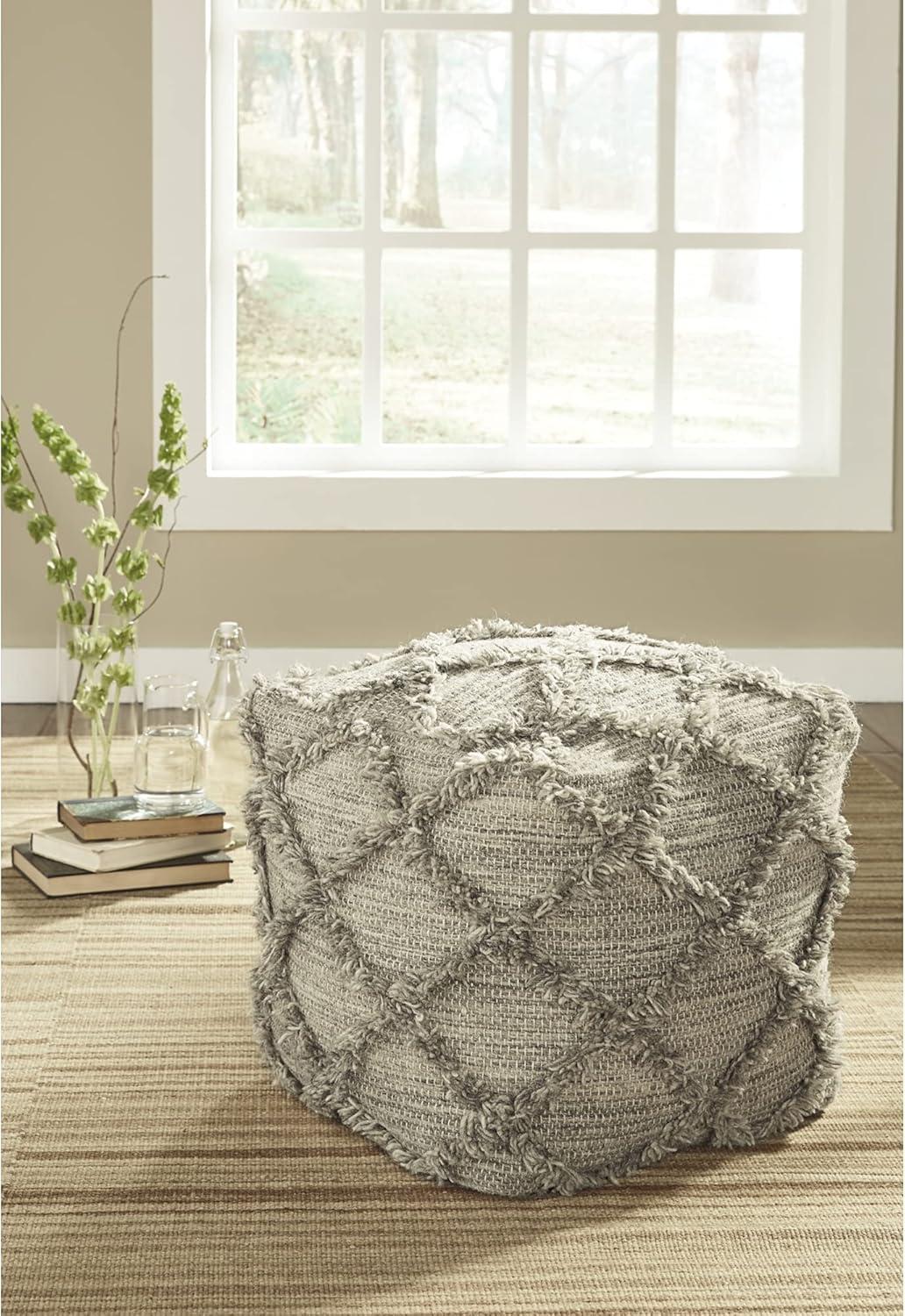 Adelphie Moroccan Inspired Pouf Natural/Gray - Signature Design by Ashley: Handwoven, Textured Surface, No Assembly Required