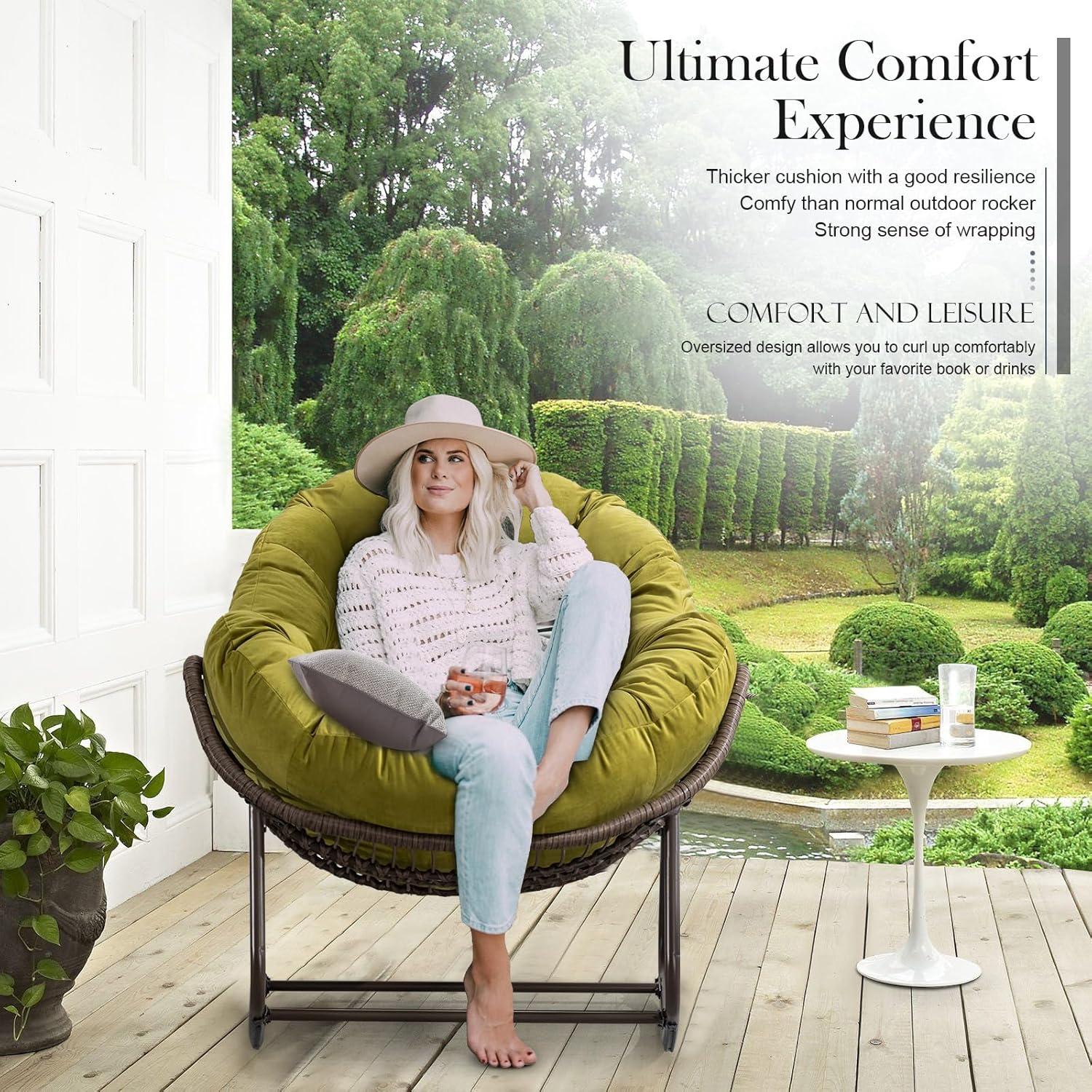 KINFFICT Outdoor Rocking Chair,Oversized Rattan Egg Chair,Indoor Outside Padded Cushion Rocker Recliner Chair,Modern Lounge Chair for Front Porch,Garden,Backyard,Balcony,Deck,Olive Green,Set of 1